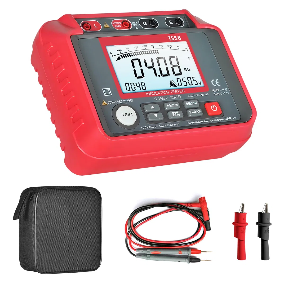 Isolationsmessgerät 1000V, AIOMEST ​​Isolationsprüfer Digital​​ 0,1MΩ-20GΩ Messgerät Isolationswiderstand mit 50V/100V/250V/500V/1000V Prüfspannung | Datenlogger, AC/DC Spannungsmesser(10V~600V)