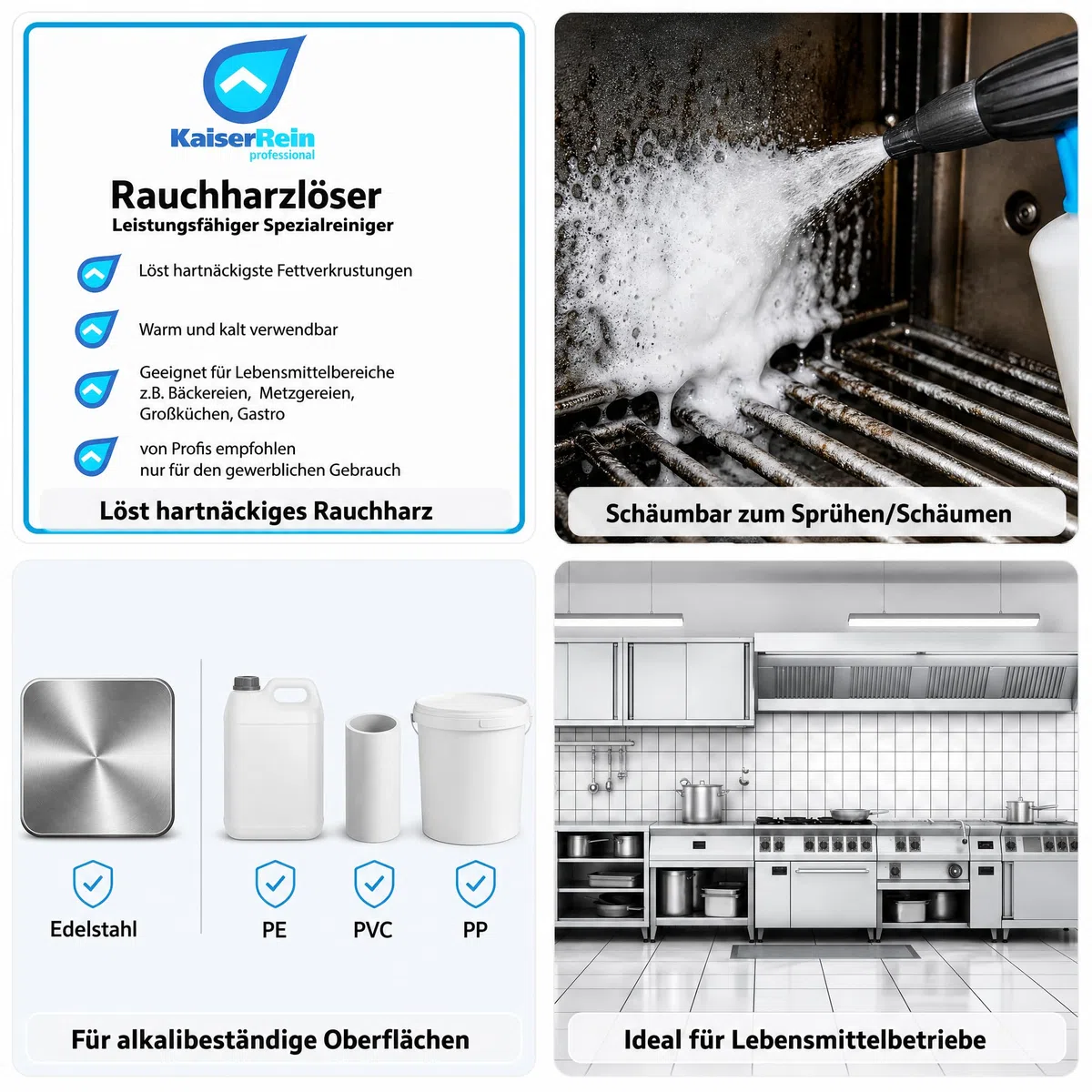 KaiserRein Grillreiniger Profi Rauchharzentferner, Backofenreiniger extra stark, 10-l-Kanister, schäumbar, warm/kalt, für Rauchkammern, Grills, Öfen, Konvektomaten, stark alkalischer Gastro-Reiniger