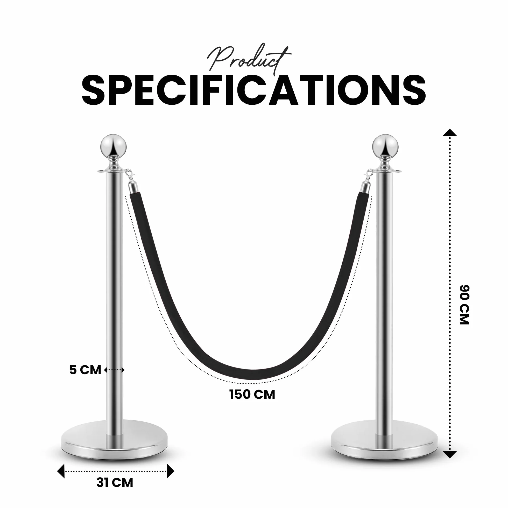 Abstandshalter aus Edelstahl, 2 Pfosten und 1 Seil, 90 cm hoch, silberfarben mit schwarzem Samtseil, 1,5 m, 4-Wege-Verbindung, Basis 31 cm Durchmesser, Kontrolle der Menge