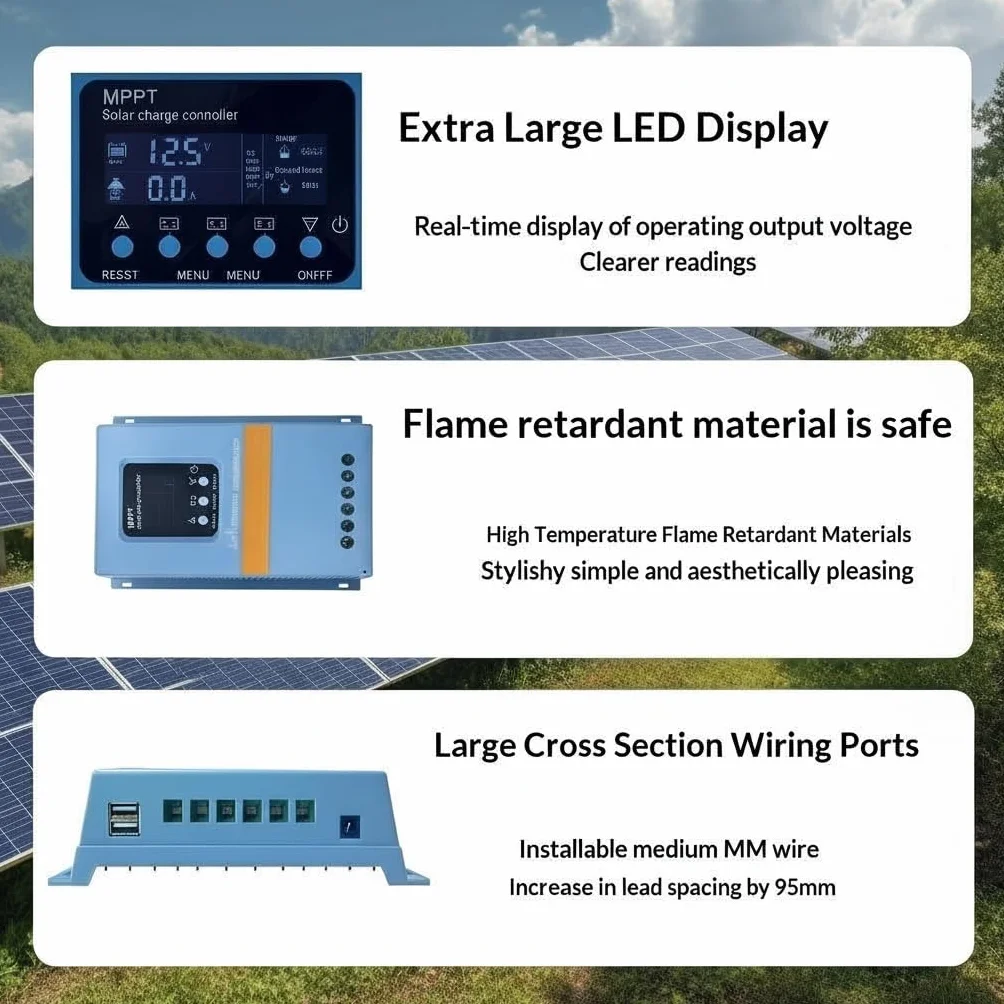 Solar Laderegler 150A 12V 24V 36V 48V Intelligente Erkennung LCD-Anzeige Batterieintelligenter Regler Max. 100V Eingang Doppelte USB für Blei/Lithium-Batterien
