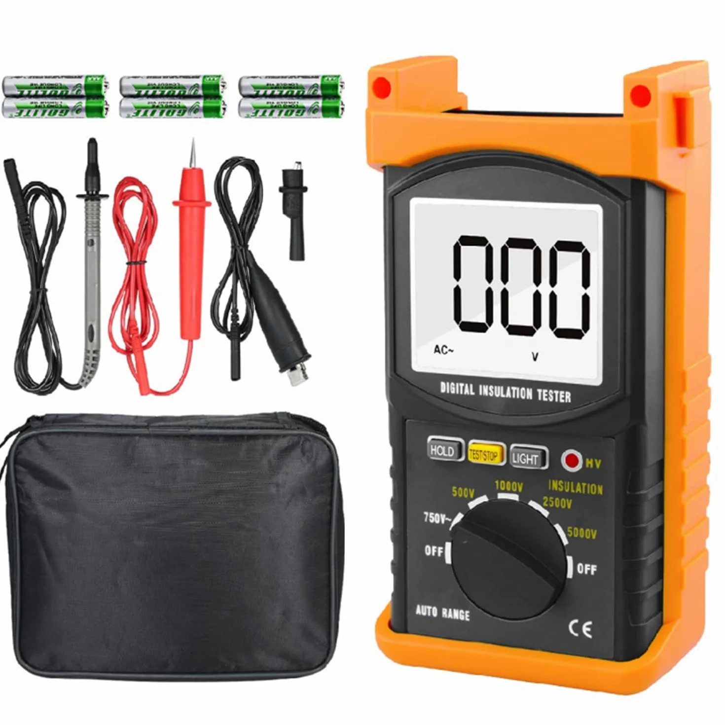 BTMETER Megohmmeter 200 Gig Ohm Digitaler Isolationswiderstandstester 1999 zählt, mit Automatischer Bereichswahl, 500V/1kV/2,5kV/5kV Prüfspannung, Datenspeicherung, Hintergrundbeleuchtung