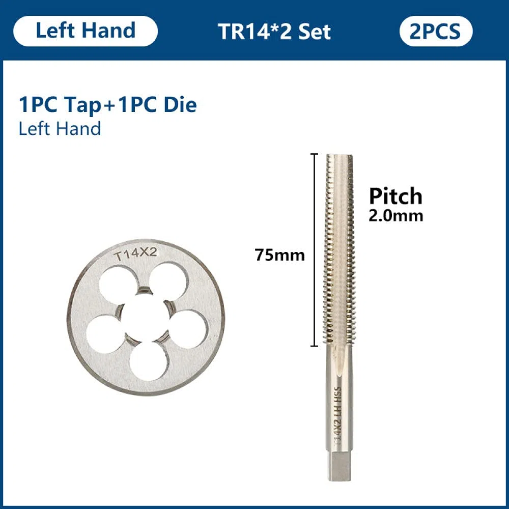 2 stücke Linkshänder HSS Trapezgewinde Tap und Die Set TR8 TR10 TR12 TR14 TR16 TR16 Metrische Schraube Tap-Matcher Linke Handgewinde Werkzeuge-Tr14x2.