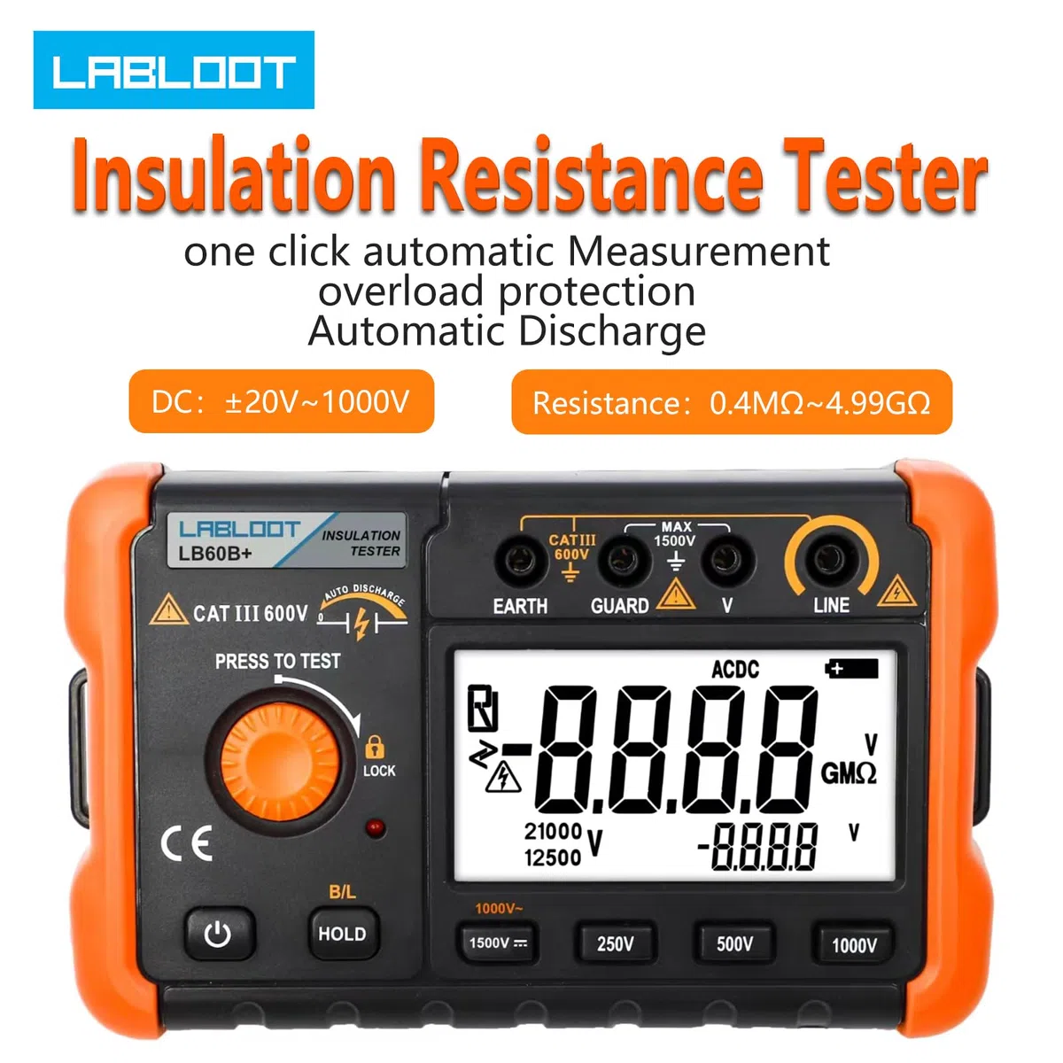 LB60B+ Digitaler Isolationswiderstandstester 1000V Test DC AC 2000m Ohm Hochspannungs-Kurzschluss-Eingangsalarm