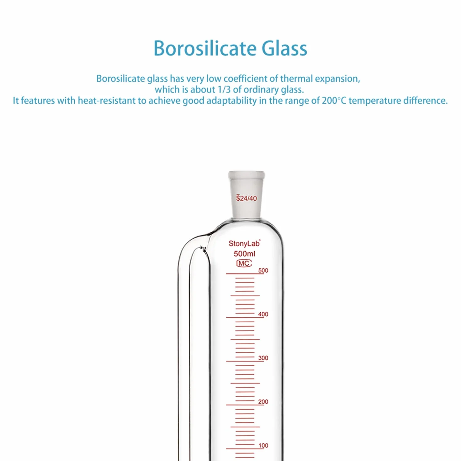 stonylab Graduierter Druckausgleichs Zusatztrichter, Borosilikatglas Tropftrichter mit 24/40 Gelenk und Hochvakuumventil für Laborglas Zusatztrichter, 500 ml