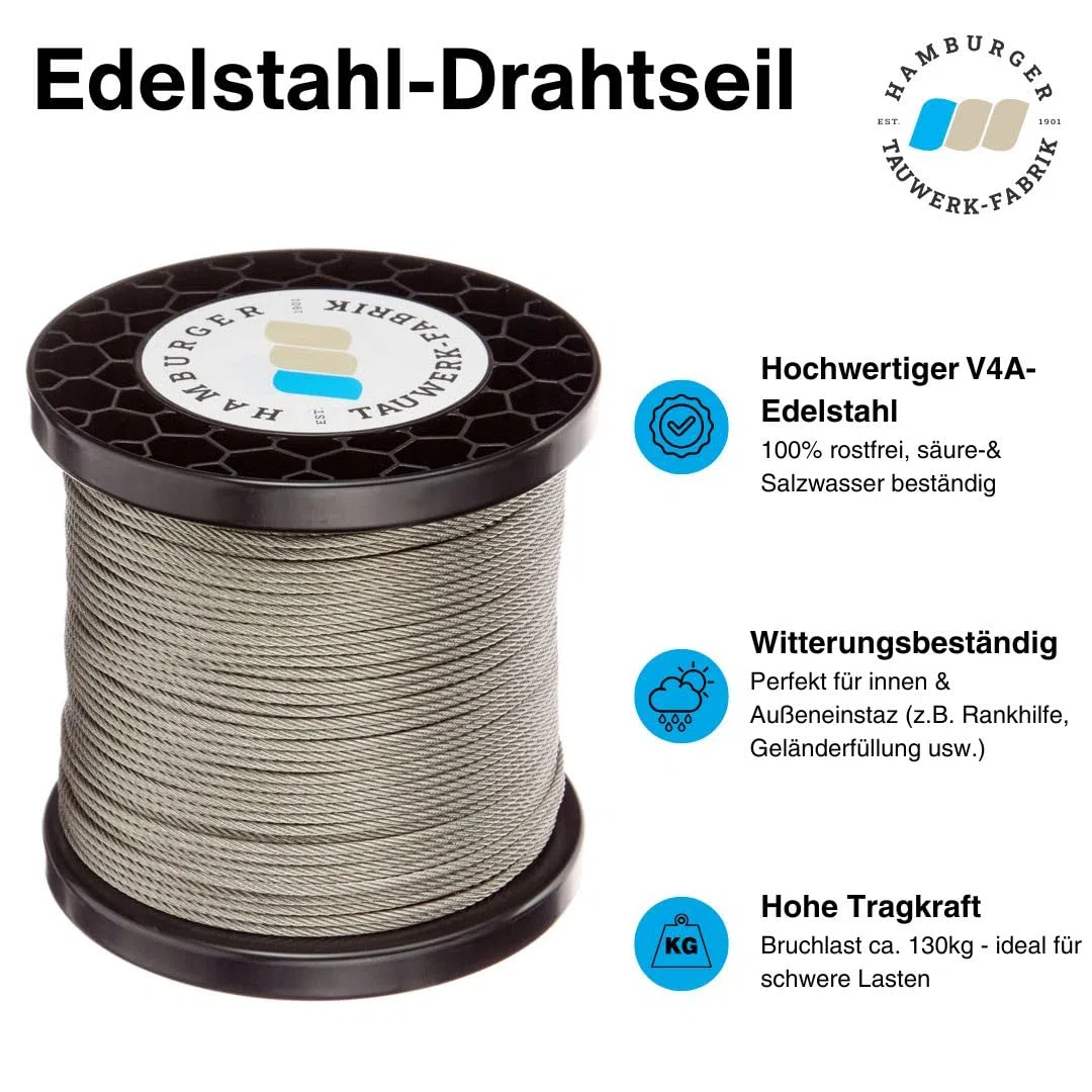 250 Meter - 1,5mm Edelstahldrahtseil 7x7 V4A Inox rostfrei Drahtseil Stahlseil Geländerseil