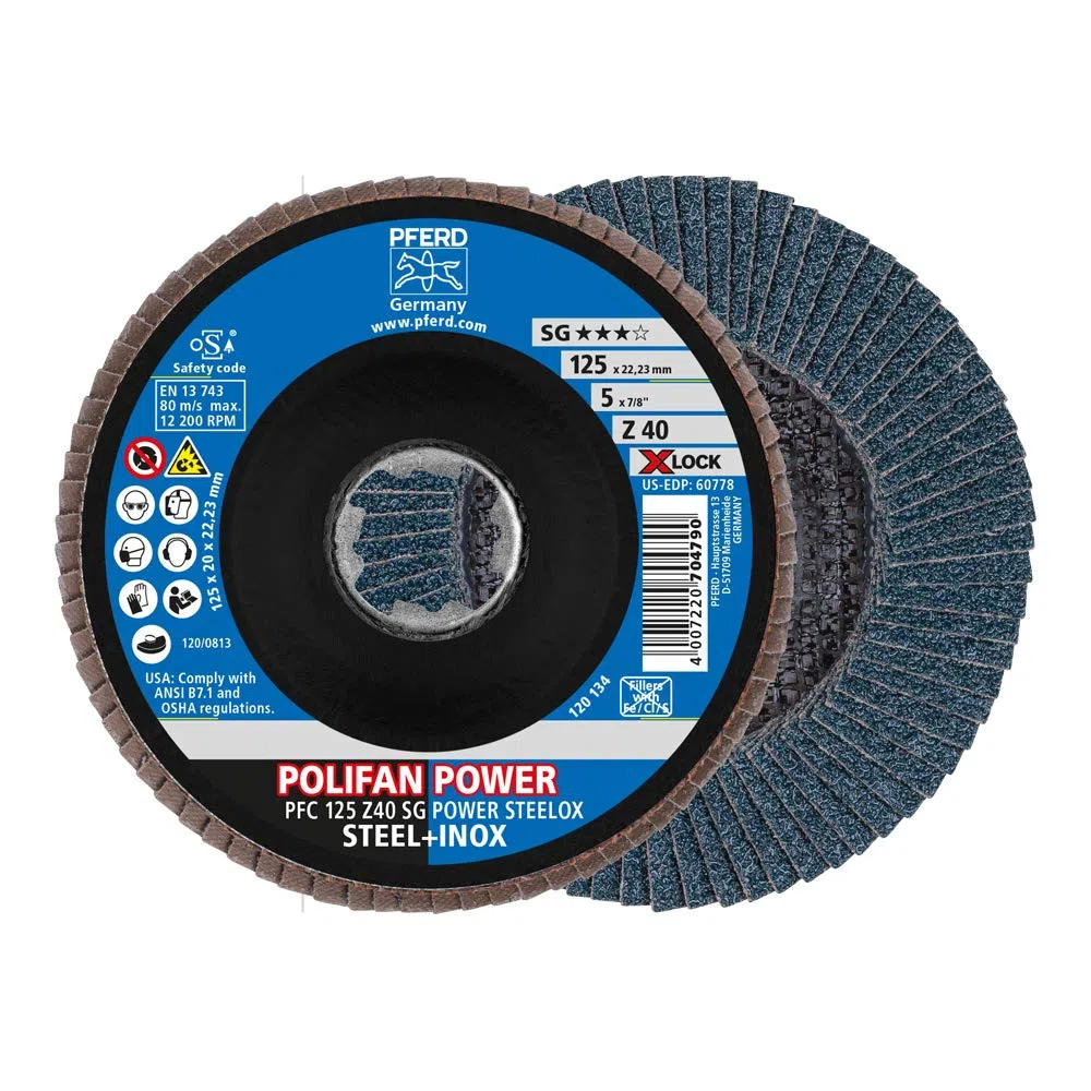 PFERD TOOLS Fächerscheibe POLIFAN POWER, 10 Stück, 125mm, Z40, X-LOCK (22,23 mm), SG STEELOX, 67784126 – für höchste Wirtschaftlichkeit durch aggressive Zerspanung