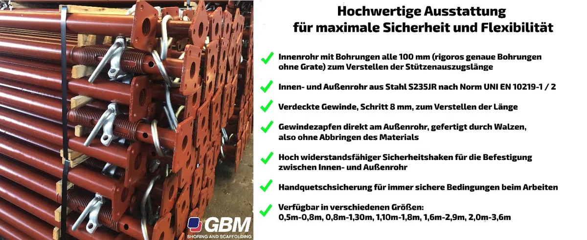 GBM Baustütze 0,8m bis 1,3m | Universalstütze 5kg | Montagestütze mit unverlierbarem Sicherheitshaken | bis 1.600kg Traglast (2 Stück)