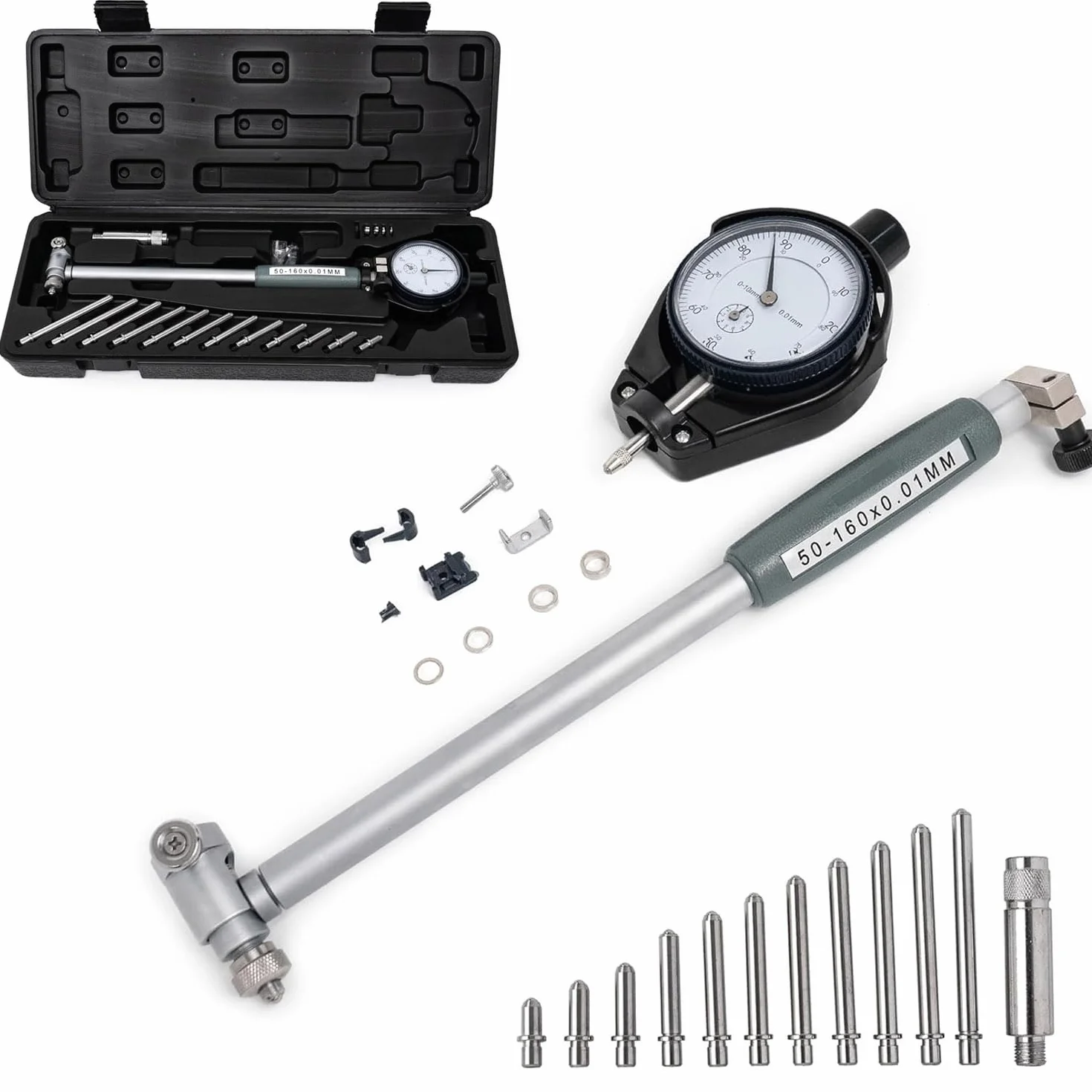 Innenmikrometer,Messuhr set 50-160mm Hohe Präzision 0.01mm,mit 12 Sonden,für Tiefe Motorzylinder Messung