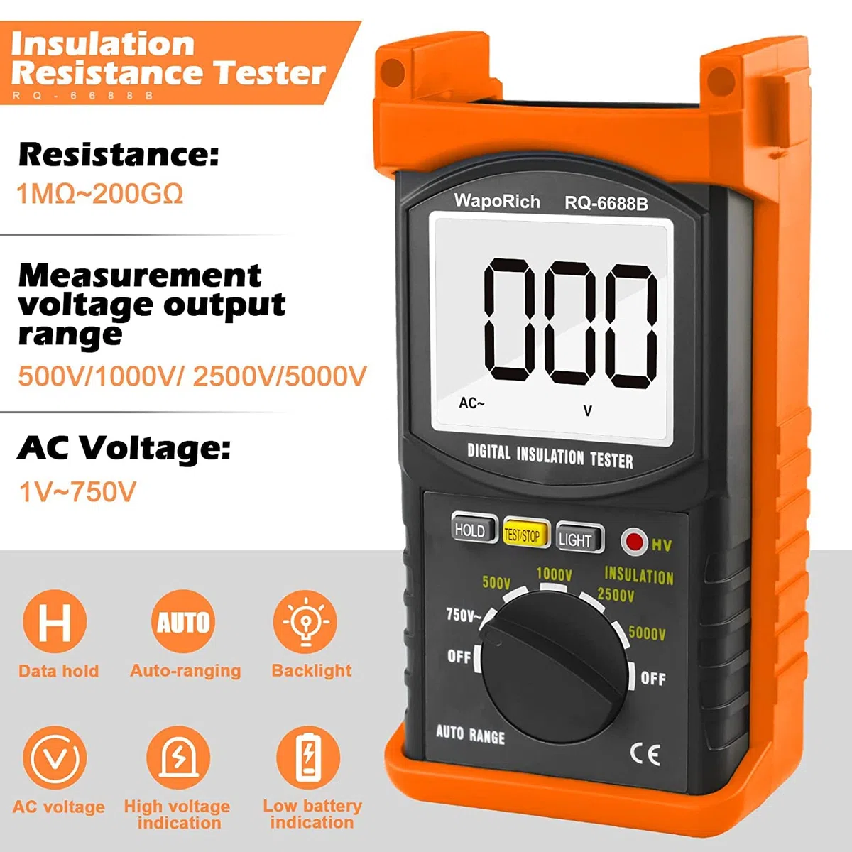 Digitaler Isolationswiderstandstester, WapoRich 200G Ohm MegOhmmeter Isolationswiderstandsmessgeräte DC AC Voltmeter Multimeter mit 1999 zählt, 500V/1kV/2,5kV/5kV Prüfspannung, Datenspeicherung