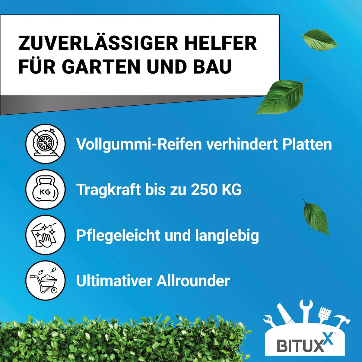 BITUXX Schubkarre 100L Schubkarren Schiebkarre Groß Scheibtruhe Bauschubkarre Blau mit PU Vollgumi Rad Gelb bis 250kg