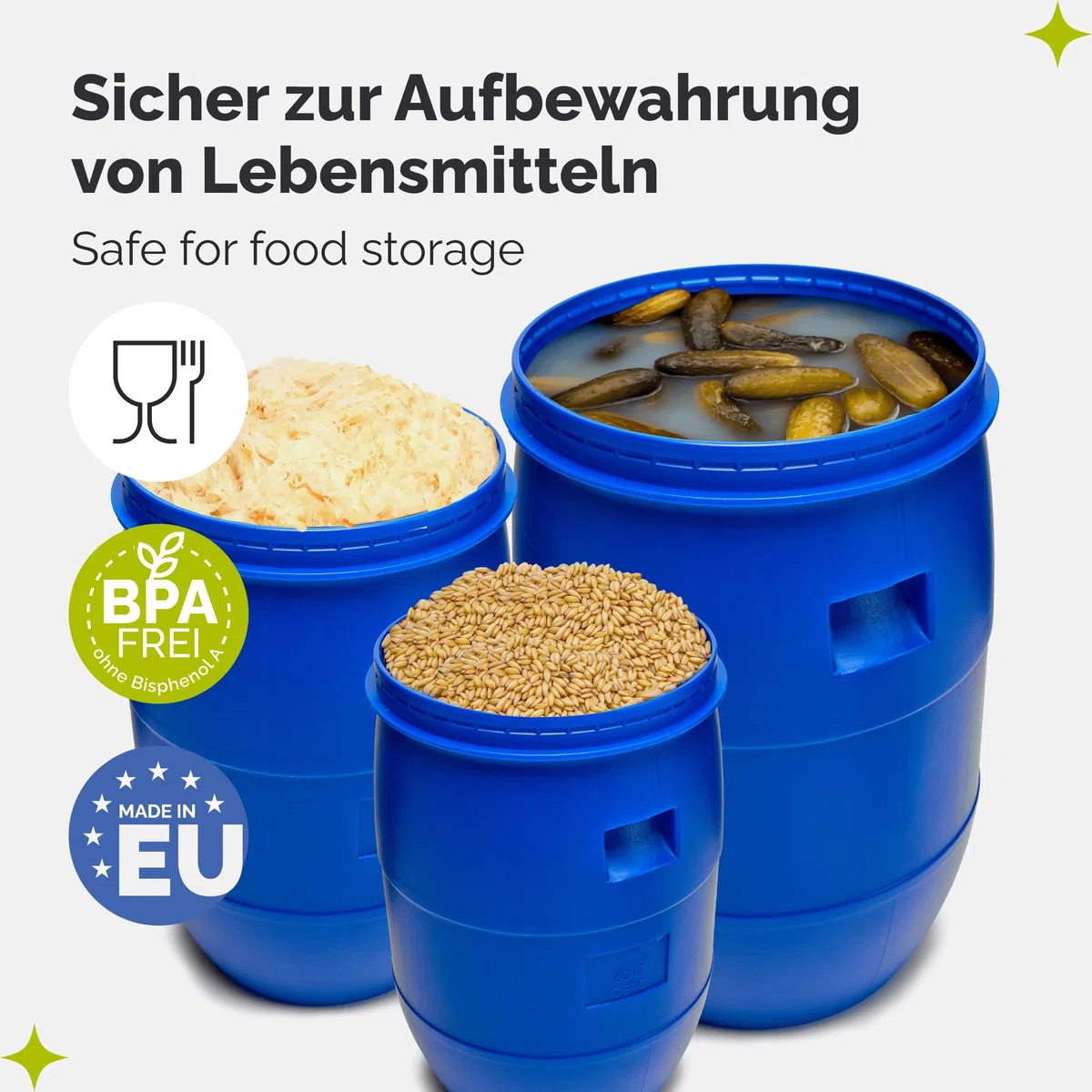 Garronda Set 2x 60 Liter Deckelfass Weithalsfass aus HDPE Regenfass für Garten Fass 60l Wassertonne Futtertonne Wasserbehälter Universalfass Wasserfass Lebensmittelfass Wassertank GD-0122, Weiß