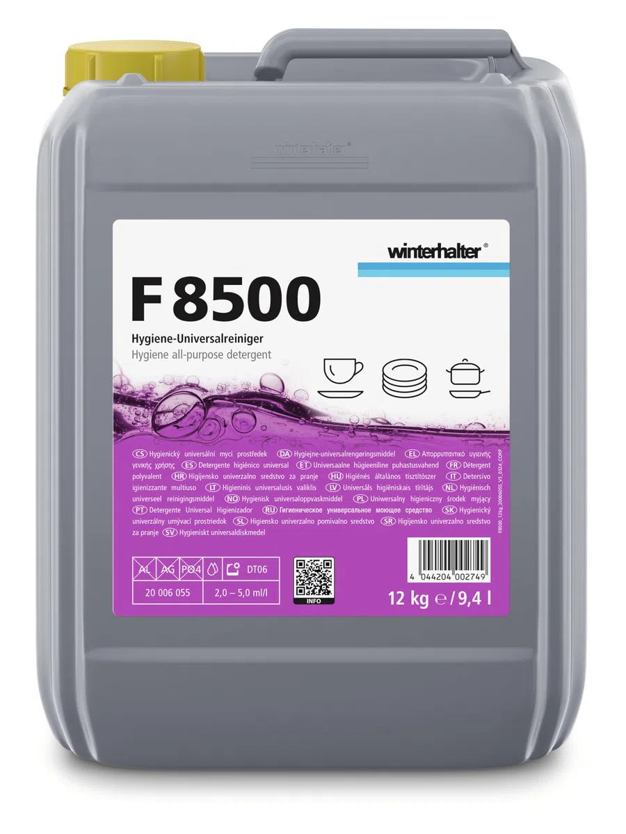 Winterhalter F8500 - Ersatz für F8400 - Hygiene Universalreiniger 12 kg / 9,4 L Kanister - Geschirrspüler Reinigungsmittel - Spülmaschinen Reiniger für Gastronomie, Hotellerie und Gewerbe