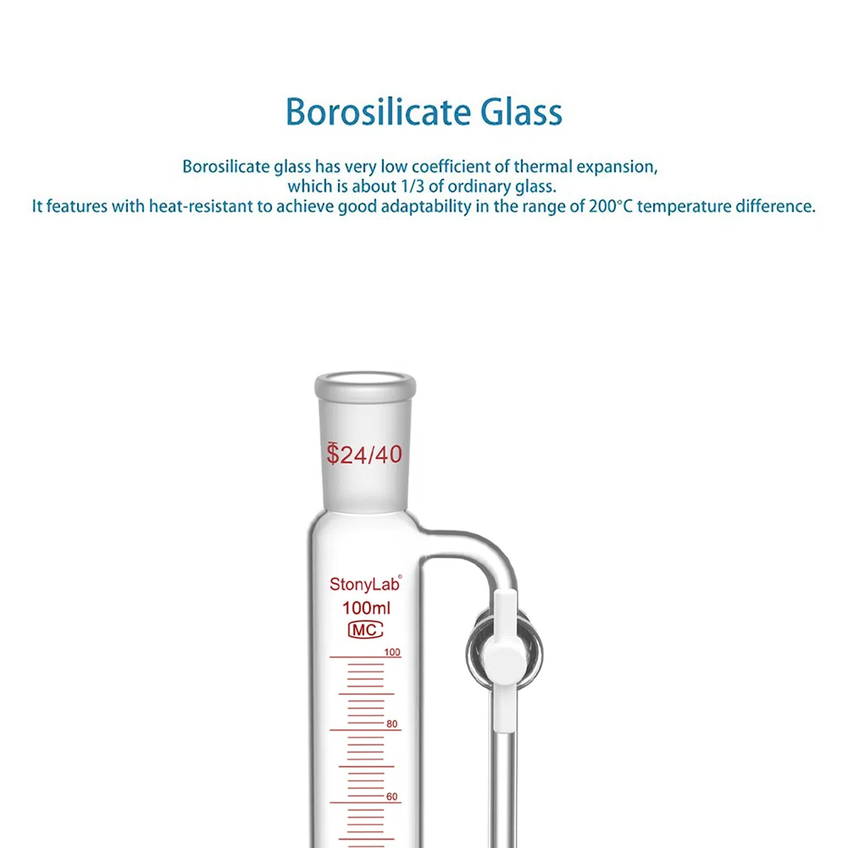 stonylab Druckausgleichs-Zugabetrichter, 24/40 Schliff, Graduierter Tropftrichter aus Borosilikatglas mit 2 PTFE-Hähnen, für Kontrollierte Zugabe im Labor, 100 ml