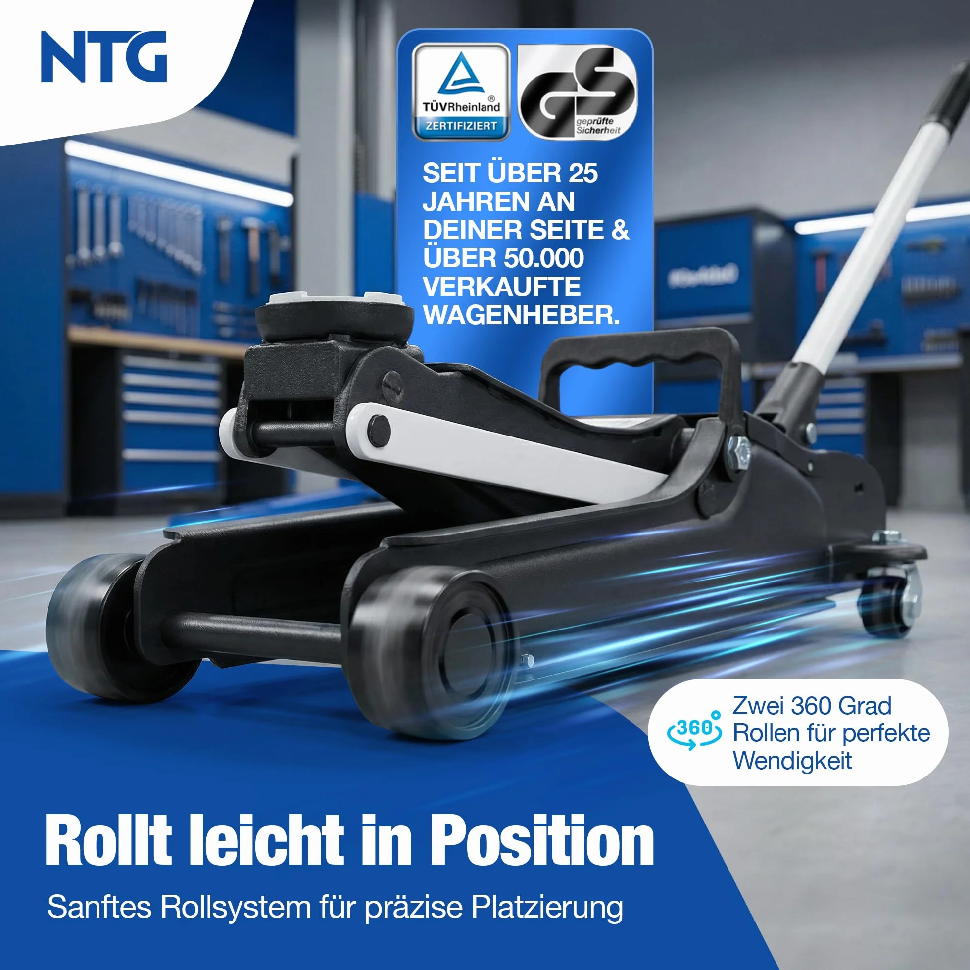 Wagenheber Hydraulisch 2,5T TÜV Zertifiziert (85-375mm Hubhöhe) - Profi Rangierwagenheber flach für tiefergelegte Autos - KFZ PKW Autoheber NTG (+ Gummiauflage Flach)