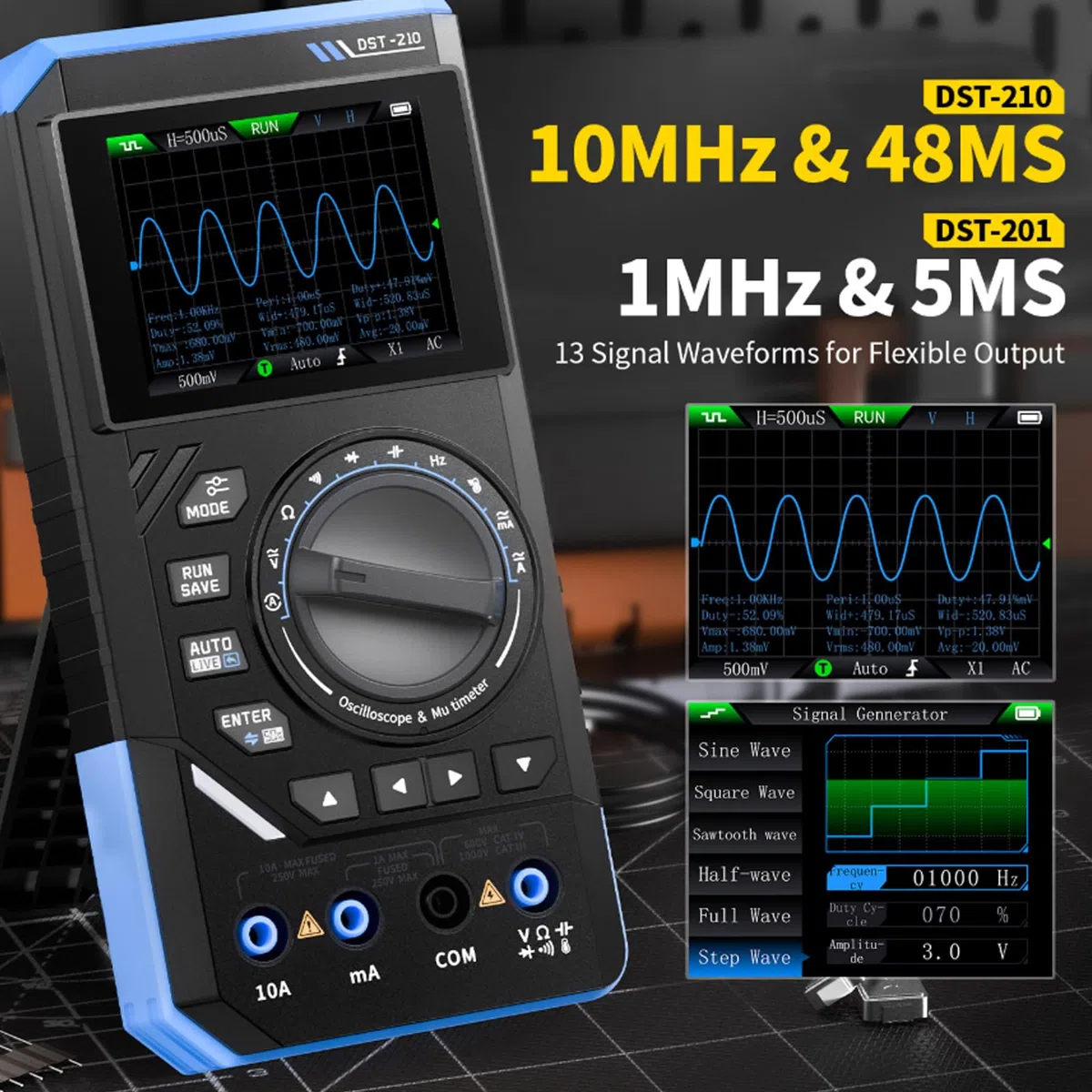 DST-210 Handheld Oszilloskop, 3 in 1 Digital Multimeter 10MHz Bandbreite Oscilloscope 48MSa/s Abtastrate 19999 Zählimpulse 2.8'' TFT Signalgenerator AC/DC Spannungstest Kondensator Widerstand Diode