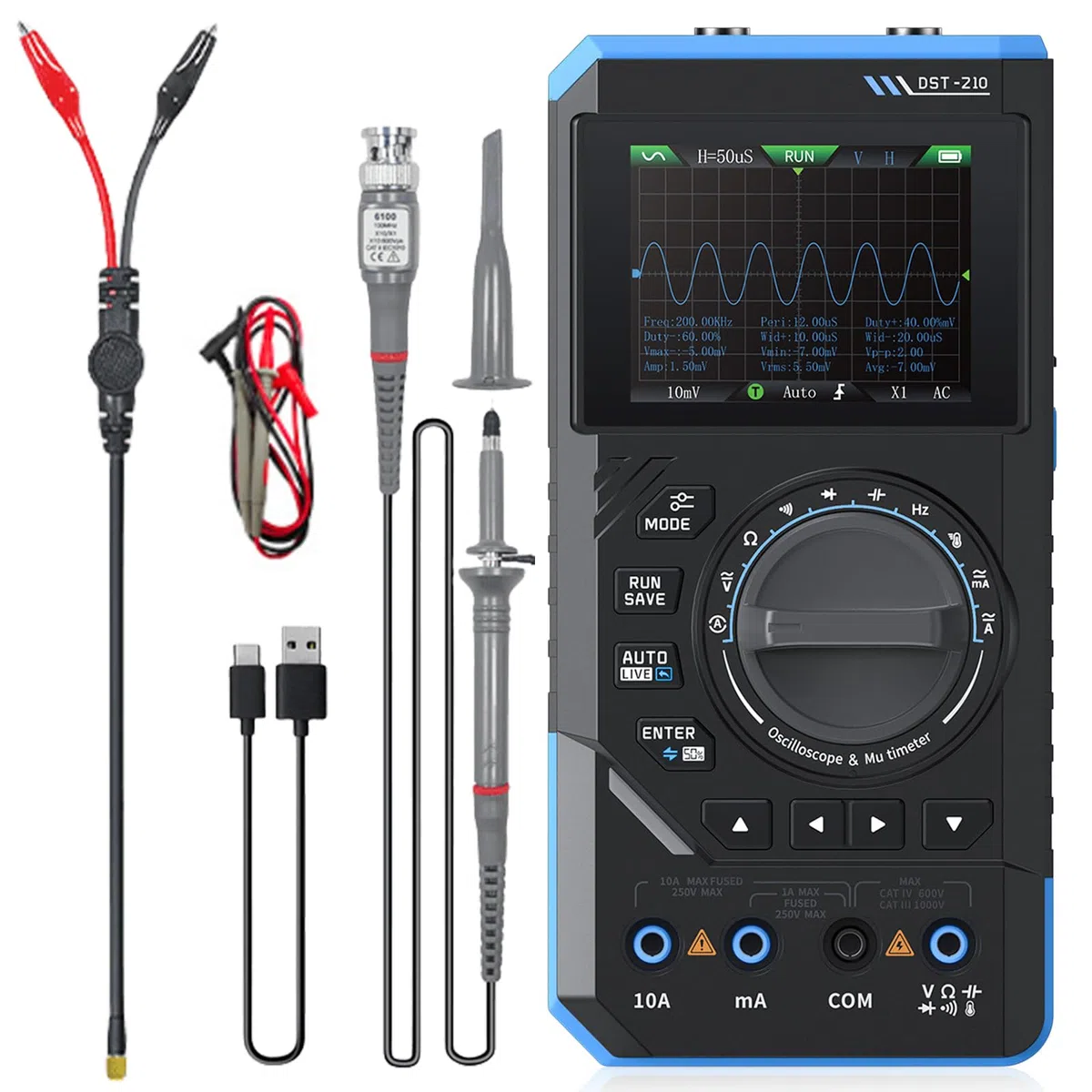 DST-210 Handheld Oszilloskop, 3 in 1 Digital Multimeter 10MHz Bandbreite Oscilloscope 48MSa/s Abtastrate 19999 Zählimpulse 2.8'' TFT Signalgenerator AC/DC Spannungstest Kondensator Widerstand Diode
