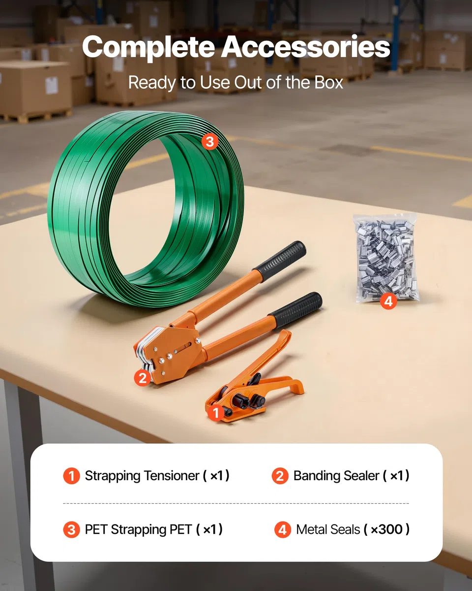 VEVOR 4 tlg. Umreifungsset mit Umreifungsband, Manuelle Umreifungsgerät mit 304,8 m PET Band, 300 Metallklammern & Schneider, Ideale Werkstattausstattung für Industrielle Verpackung, Transport & Lager