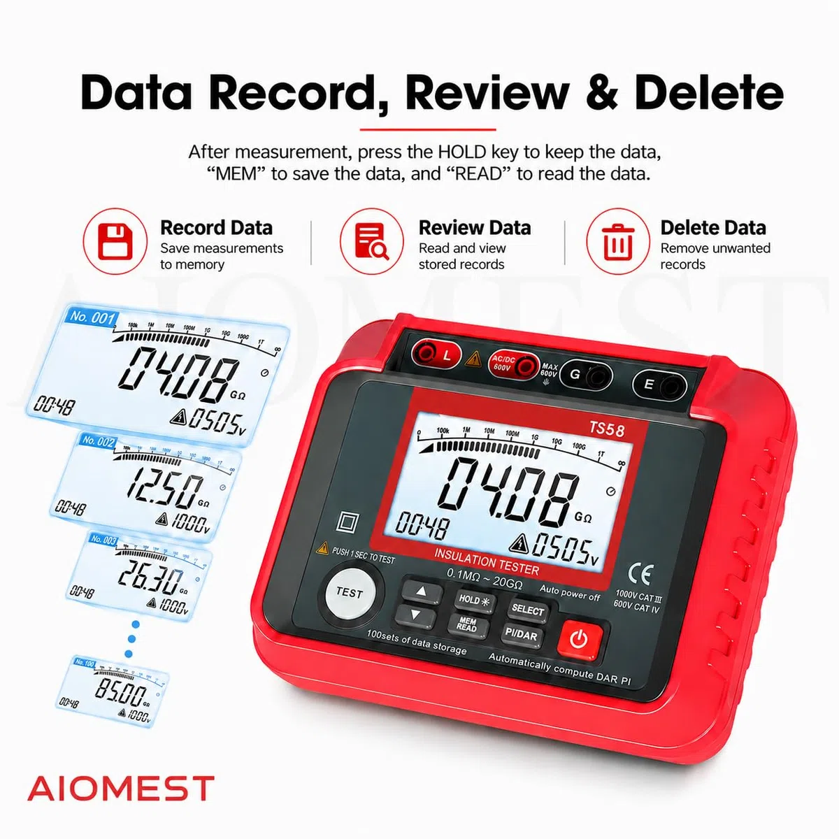 Isolationsmessgerät 1000V, AIOMEST ​​Isolationsprüfer Digital​​ 0,1MΩ-20GΩ Messgerät Isolationswiderstand mit 50V/100V/250V/500V/1000V Prüfspannung | Datenlogger, AC/DC Spannungsmesser(10V~600V)
