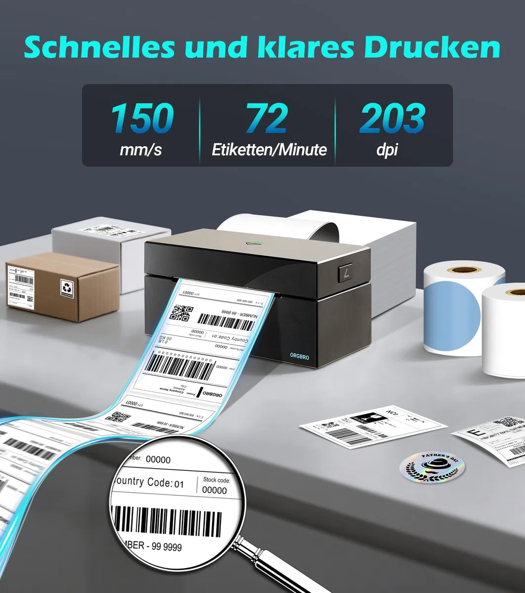 ORGBRO Bluetooth Etikettendrucker Z1 Plus DHL Thermodrucker Etikettiergerät 4x6 Versandetiketten Drucker Labeldrucker für Barcode, Adresse, Kompatibel mit Amazon, Etsy, Shopify, Schwarz