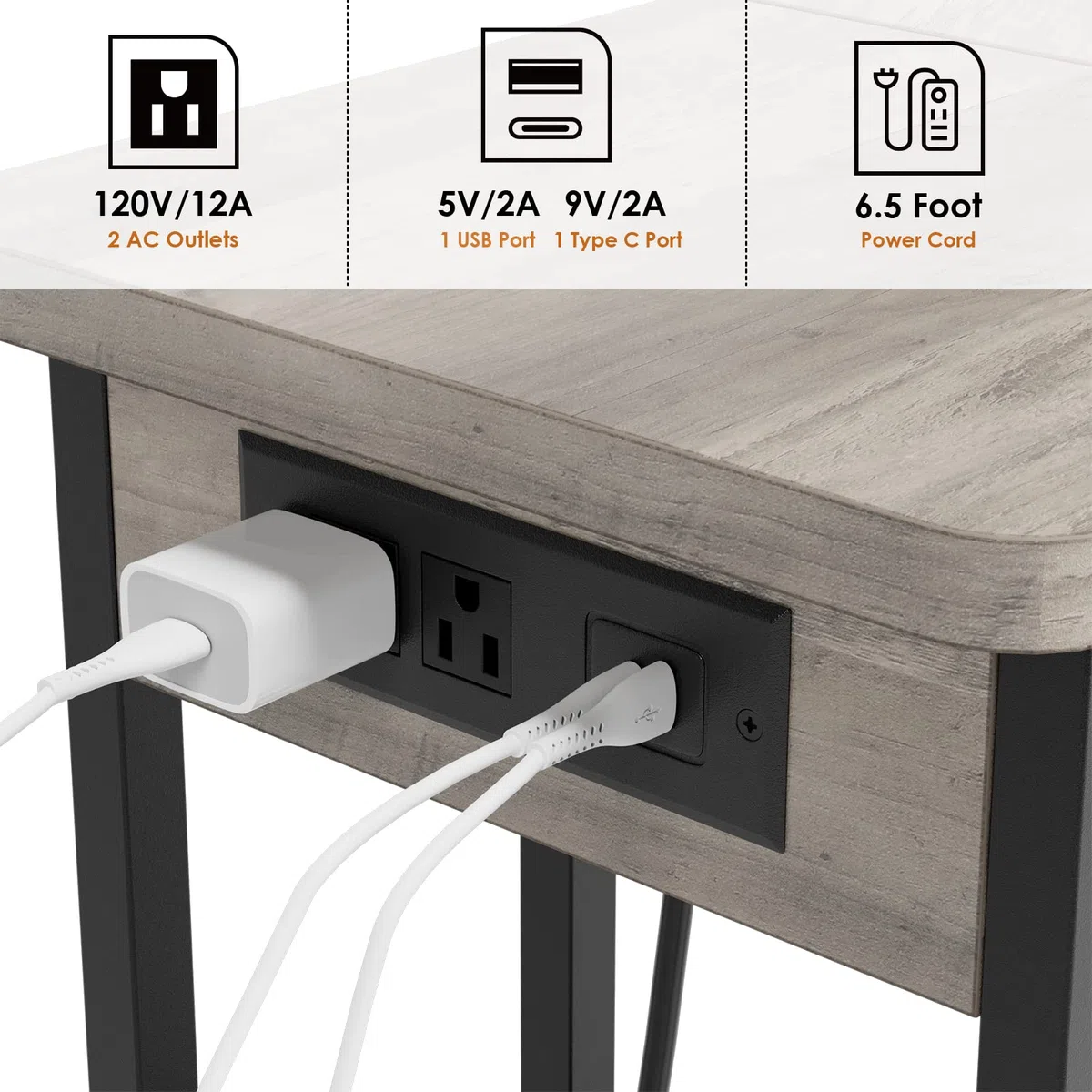 PortoAlegre Beistelltisch, Beistelltisch mit Ladestation,Sofatisch mit Rollen,C-förmiger Klapptisch, mobiler Kaffeetisch, 60 x 35 x75 cm,Wohnzimmertisch mit Metallgestell, für Kaffee und Laptop
