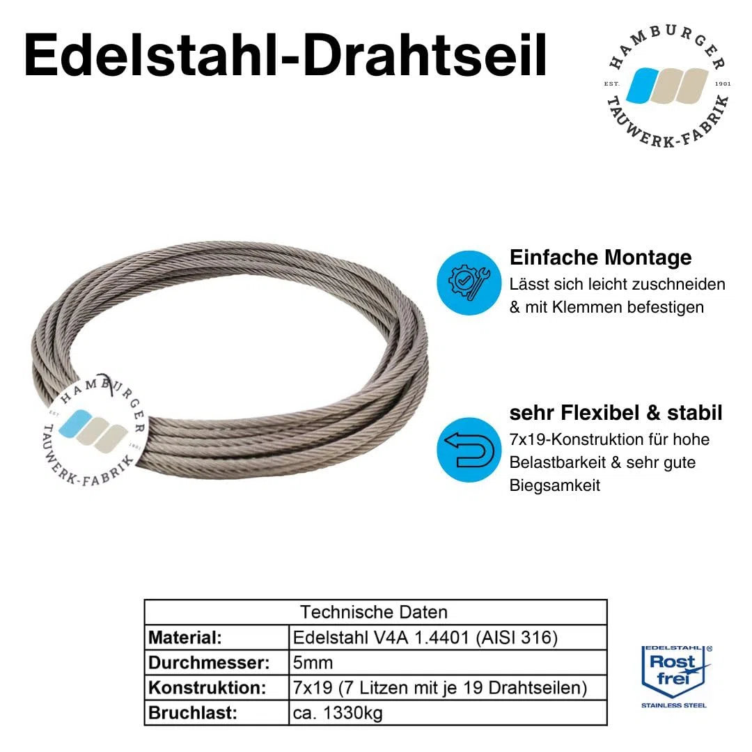 40 Meter - 5,0mm Edelstahldrahtseil 7x19 V4A Inox rostfrei Drahtseil Stahlseil Geländerseil