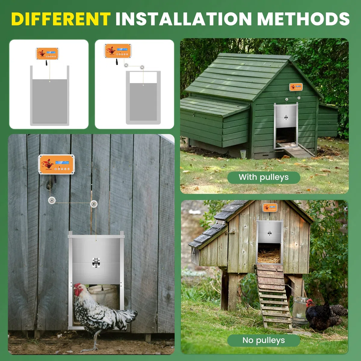 Hühnerklappe Automatischer Hühnerklappe mit Timer und Fernbedienungen, IP65 Wasserdichtes Geflügeltür-Hebesystem für Sichere Hühnerhaltung, Batterie oder Solarbetrieben