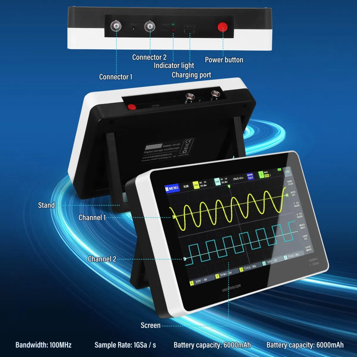 Handheld Digital Oszilloskop 2 Kanal: T4-1013De Digitales Oszilloskop 100 Mhz Bandbreite 1Gsa Abtastrate 7 Großer Touchscreen 1 Gb Speicher