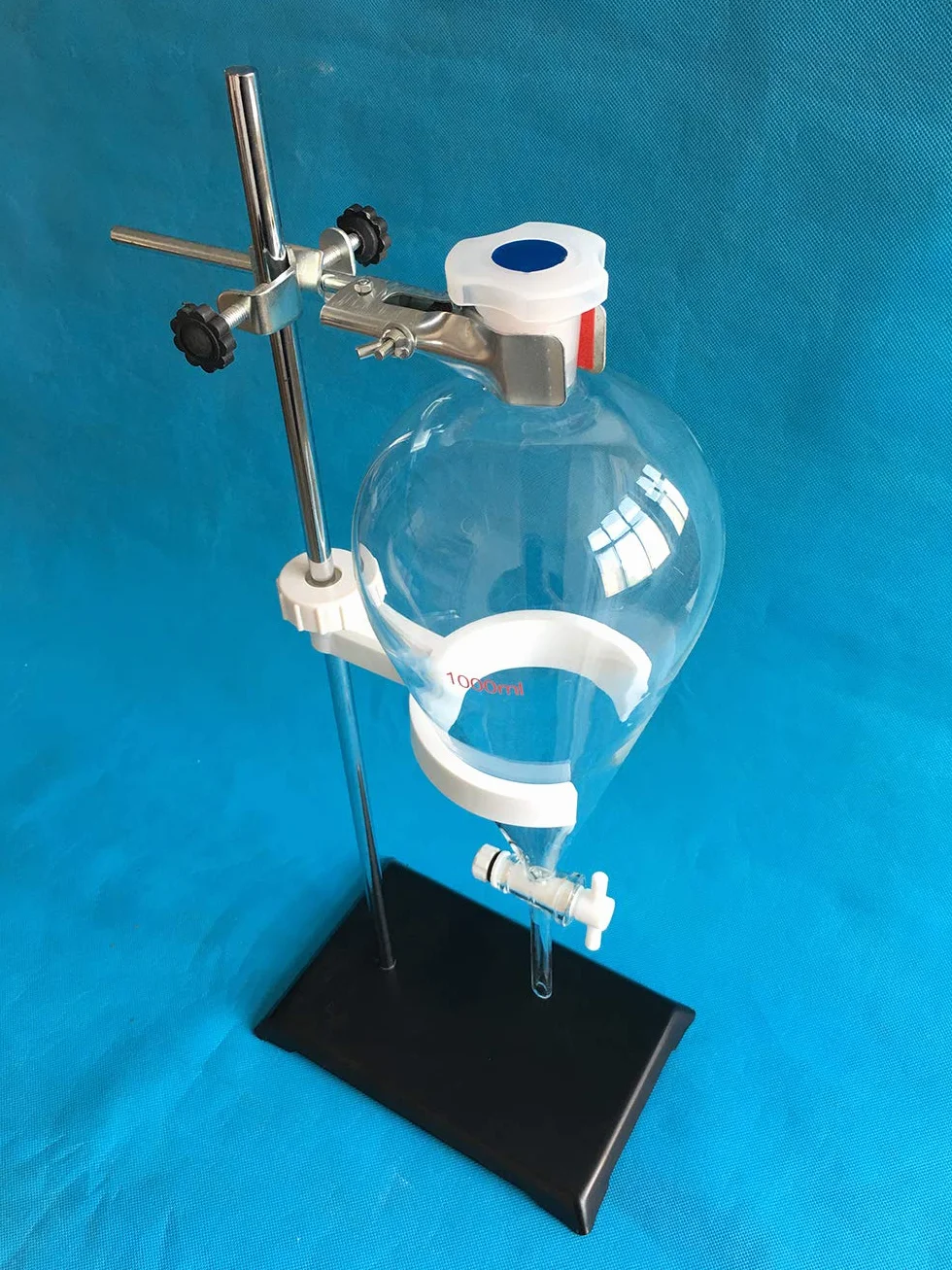 EBT2 1000 ml Glas-Trenntrichter-Set, PTFE-Absperrhahn mit Stahlständer, Klemme und PP-Halter