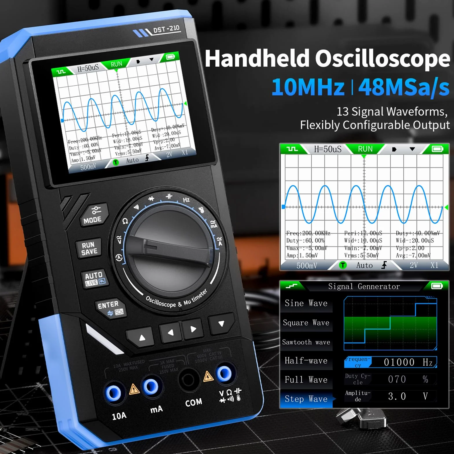 DEWIN DST-210 Handheld Oszilloskop, 3-in-1 Digital Oszilloskop Multimeter Signalgenerator 10 MHz Bandbreite 19999 Zählungen 48 MSa/s