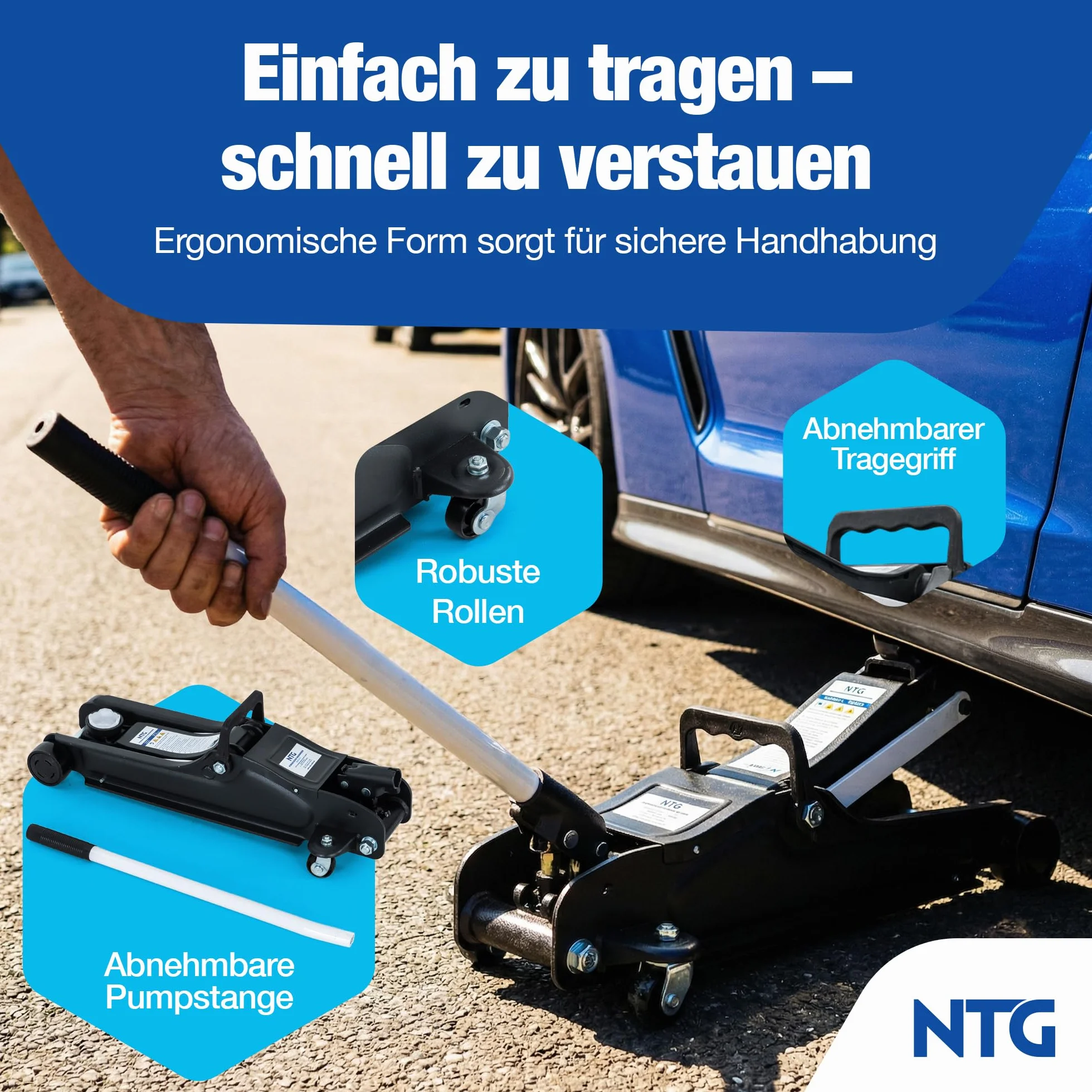 Wagenheber Hydraulisch 2,5T TÜV Zertifiziert (85-375mm Hubhöhe) - Profi Rangierwagenheber flach für tiefergelegte Autos - KFZ PKW Autoheber NTG (+ Gummiauflage Flach)