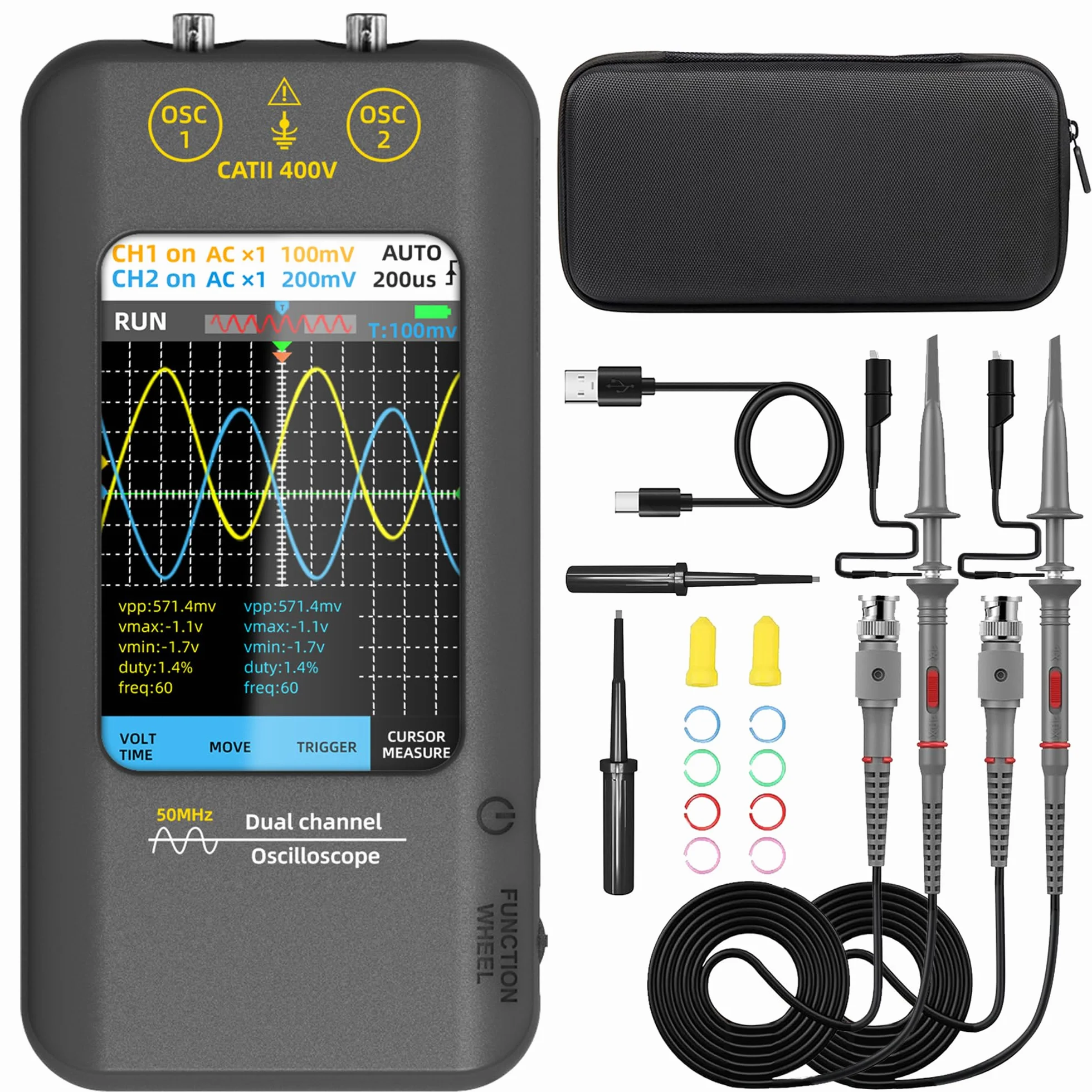 BSIDE Handheld Oszilloskop 3.98'' Touchscreen digitales Oszilloskop Zweikanal 50MHz Bandbreite Tragbares Oszilloskop Signalgenerator 250MSa/s Abtastrate Tablet Automotive Oszilloskop