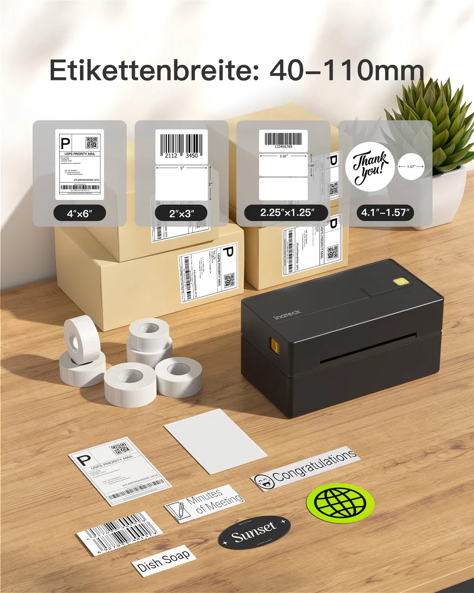 Inateck Mobile Thermo-Etiketten-drucker, Kabelloser 4x6 Versandetiketten Drucker für Versandpakete, Kompatibel mit iPhone, Android, iPad, Windows, MacOS, Chrome, USPS, Schwarz