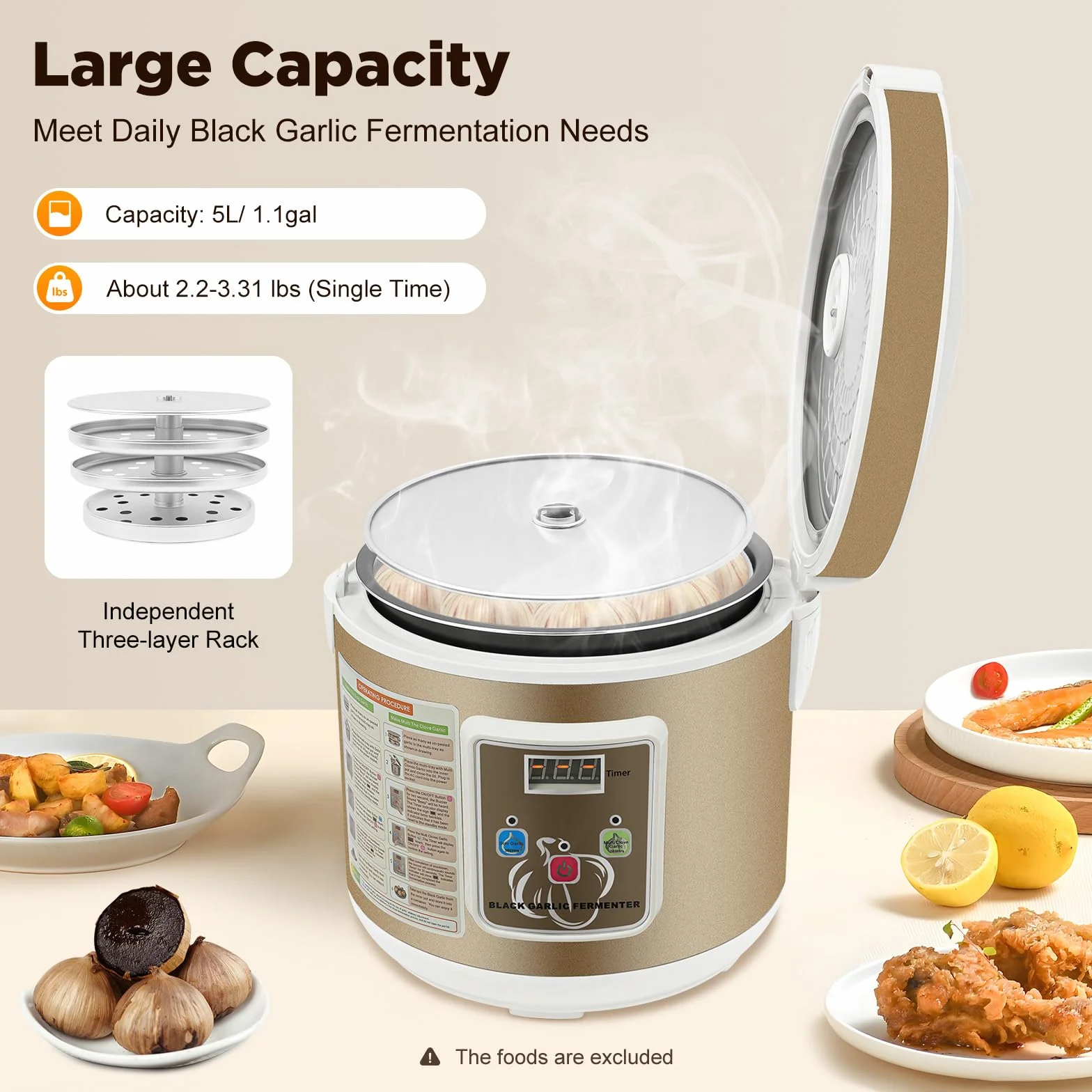 Schwarzer Knoblauch Fermenter, 5L Knoblauch Fermentiermaschine, Voll Automatische Intelligente Steuerung Garlics Maker, 90W DIY Garlic Kocher, Zeit Einstellbar, für Verwendung bei der Lebensmit