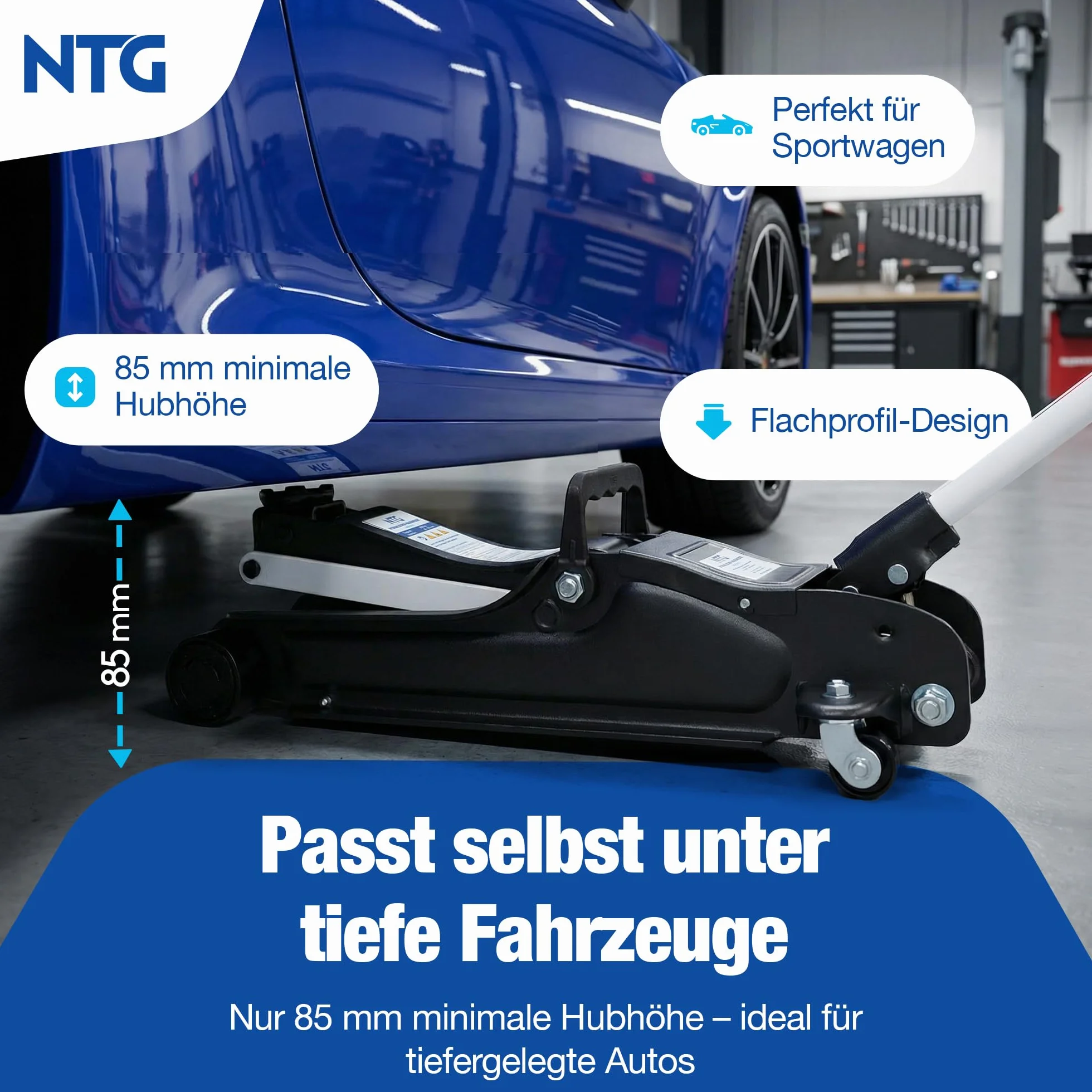 Wagenheber Hydraulisch 2,5T TÜV Zertifiziert (85-375mm Hubhöhe) - Profi Rangierwagenheber flach für tiefergelegte Autos - KFZ PKW Autoheber NTG (+ Gummiauflage Flach)