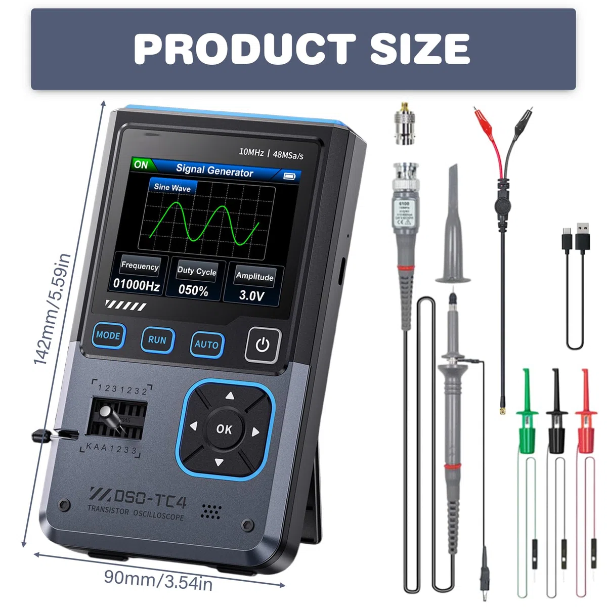 DSO-TC4 Oszilloskop, 3 in 1 Oscilloscope Handoszilloskop Transistortester Signalgenerator 10 MHz Bandbreite 48 MSa/s Abtastrate Multimeter Oszilloskope mit 2.8'' Tft Display, Transistor Tester