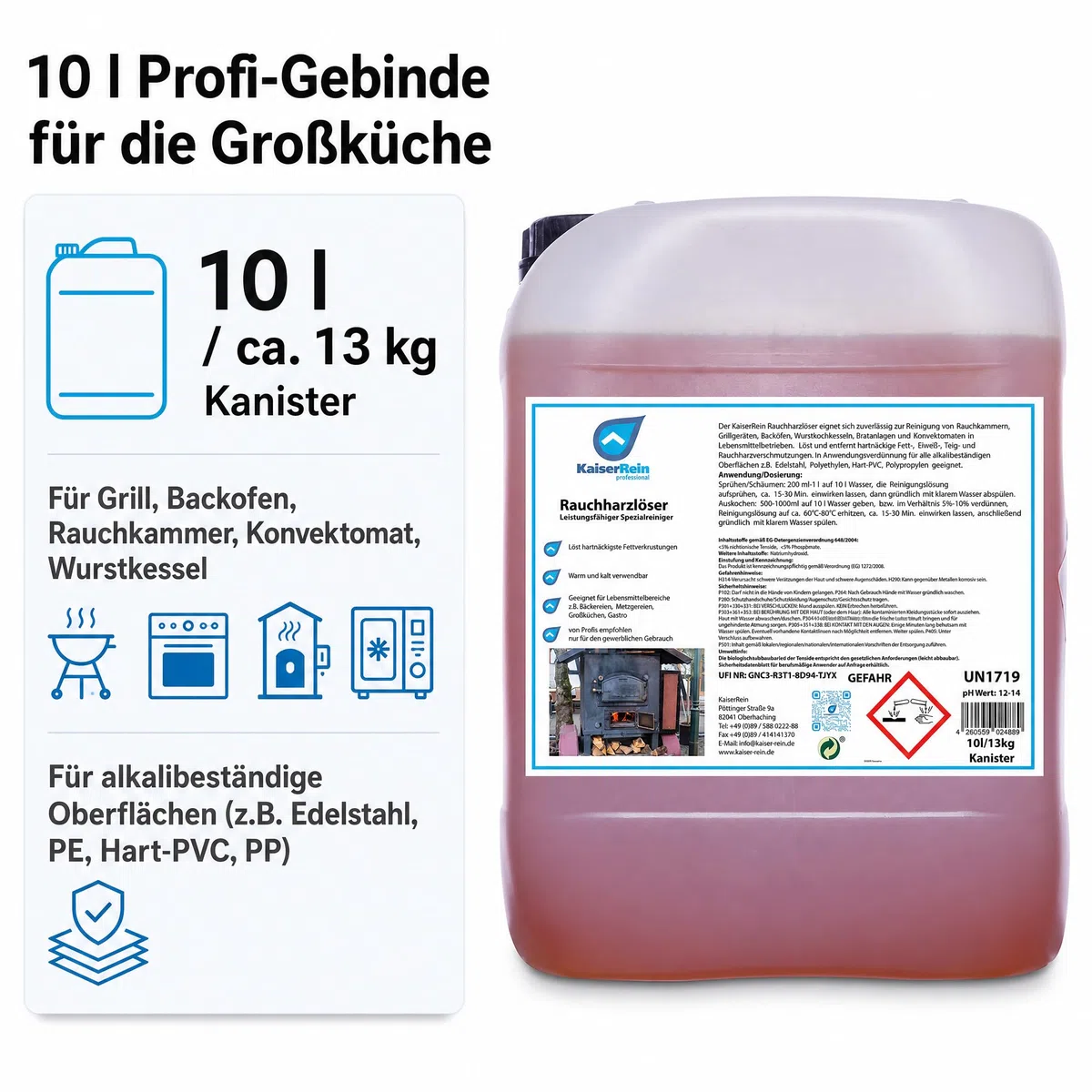 KaiserRein Grillreiniger Profi Rauchharzentferner, Backofenreiniger extra stark, 10-l-Kanister, schäumbar, warm/kalt, für Rauchkammern, Grills, Öfen, Konvektomaten, stark alkalischer Gastro-Reiniger