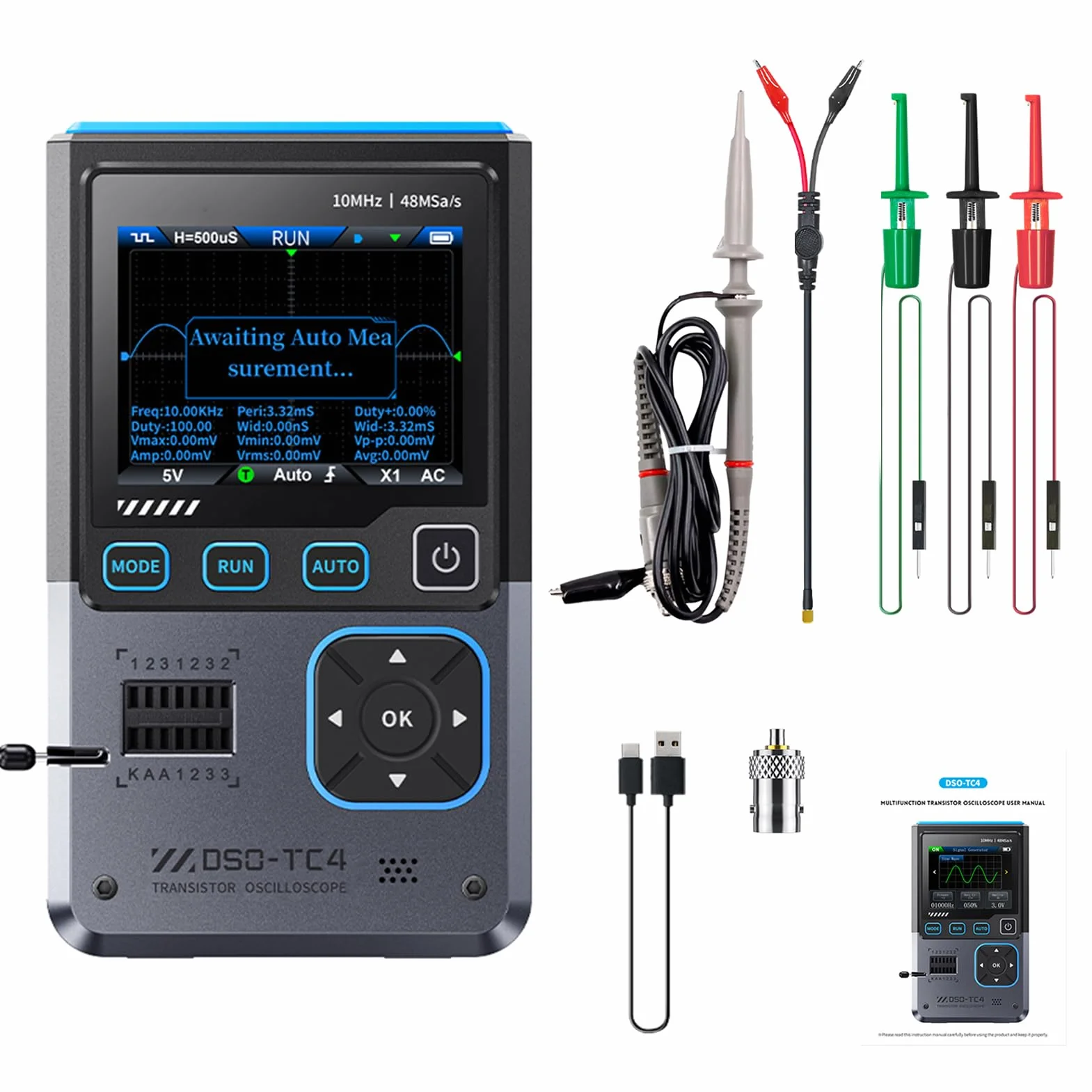 DEWIN Oszilloskop, 3 in 1 DSO-TC4 Oscilloscope Transistortester Signalgenerator 10 MHz Bandbreite 48 MSa/s Abtastrate