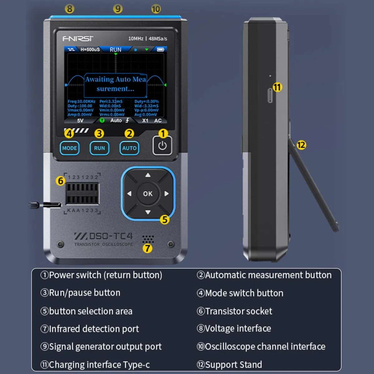 DSO-TC4 Oszilloskop, 3 in 1 Oscilloscope Handoszilloskop Transistortester Signalgenerator 10 MHz Bandbreite 48 MSa/s Abtastrate Multimeter Oszilloskope mit 2.8'' Tft Display, Transistor Tester