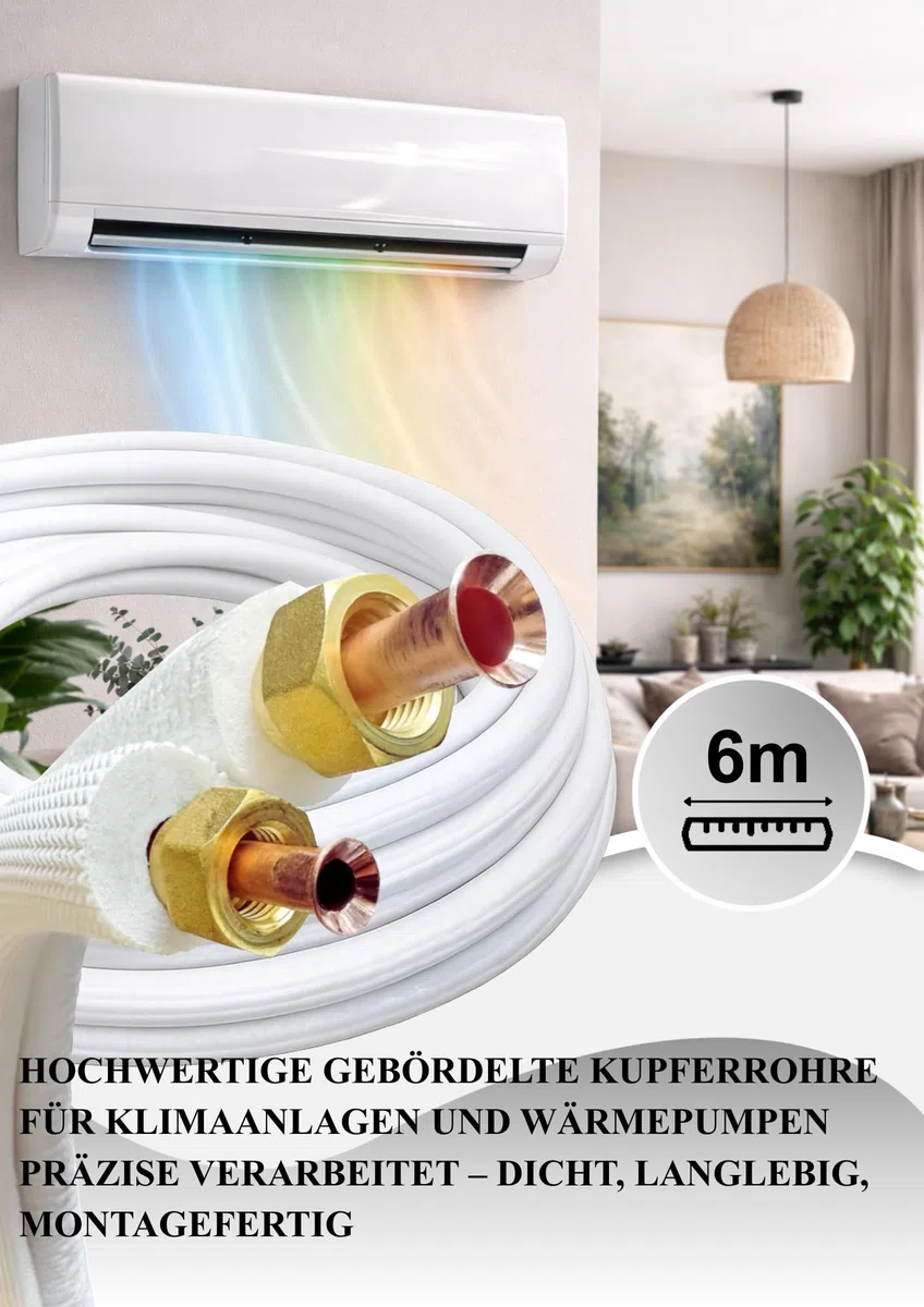 Black panda -Kältemittelleitung Kupferrohr Set 1/4" & 3/8" – 2x6m Kupferrohr mit isoliert 9 mm, Kupferleitung 99,9 % - Klimaanlagen Rohrleitung, Hohe Korrosionsbeständigkeit
