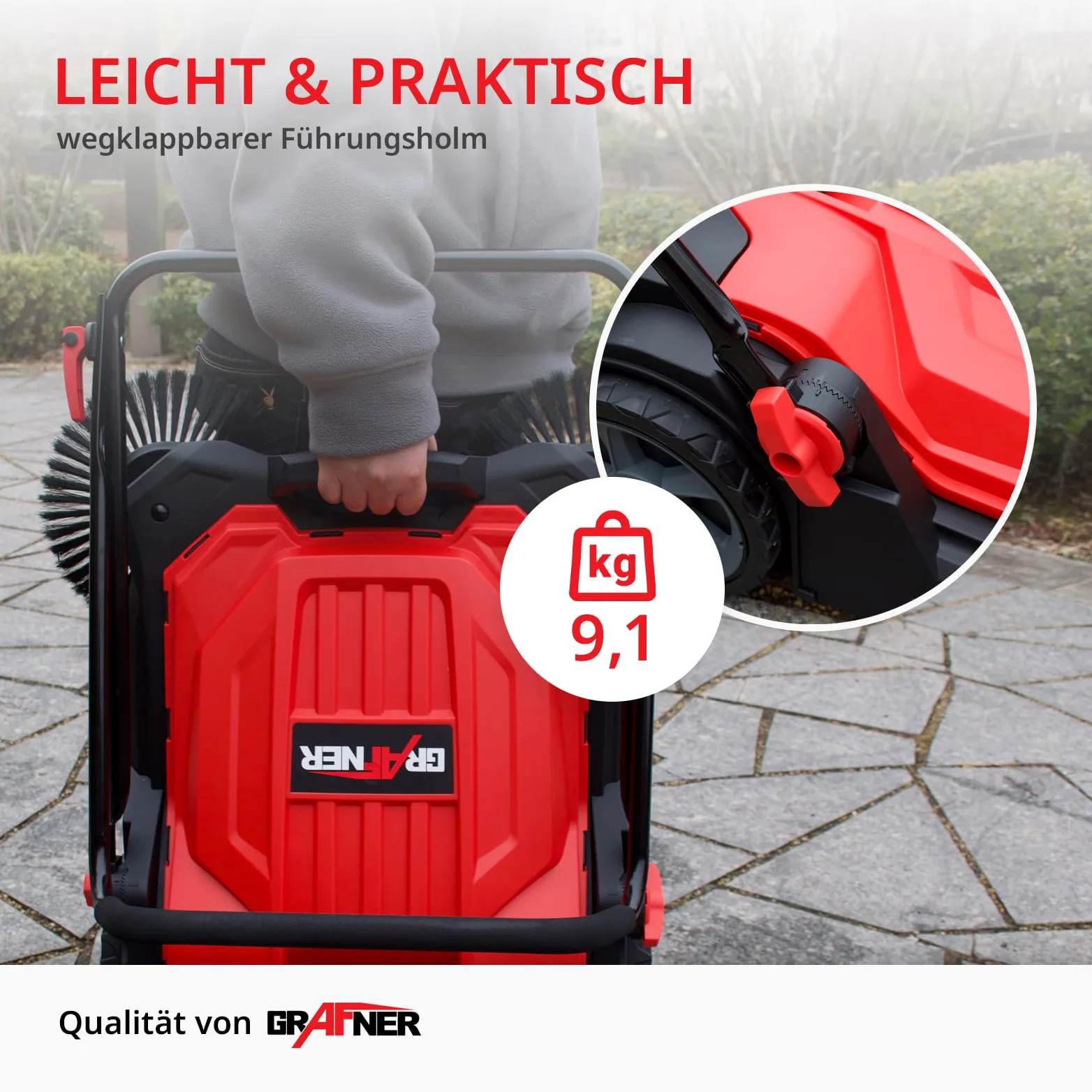 Grafner Kehrmaschine manuell, 650 mm Kehrbreite, 2 Seitenbürsten, 20 Liter Kehrbehälter, Flächenleistung: 2400 m²/h, höhenverstellbarer Griff, Handkehrmaschine Bodenkehrer Kehrmaschine mit Seitenbesen