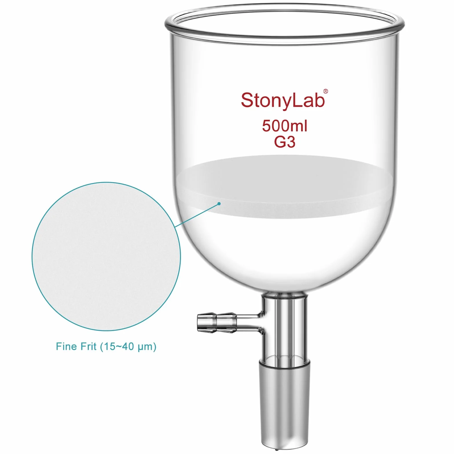 StonyLab Glas Buchner Trichter Filter, Borosilicatglas Vakuum Buchner Filtertrichter mit Feiner Fritte(G3), 94mm Scheibendurchmesser, 100mm Tiefe, mit 24/40 Standard Taper Innengelenk - 500ml