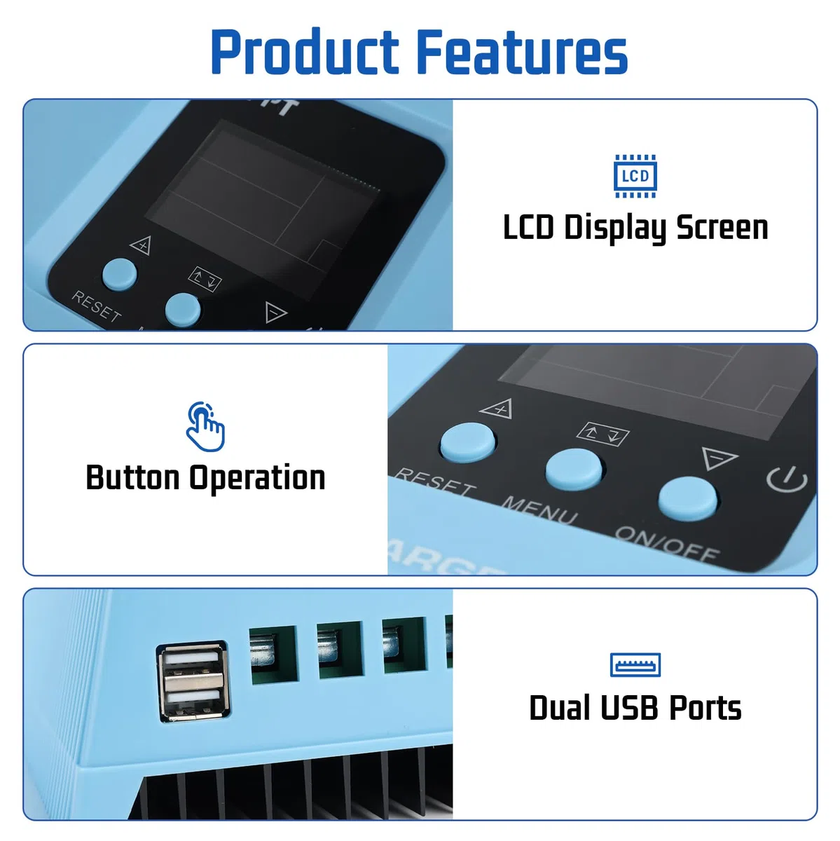 150A MPPT Laderegler, 12V 24V 36V 48V Solar Laderegler, Solarladeregler mit LCD Display und Doppelte USB, Max PV 100V Eingang für Blei-Säure/Lithium Batterie