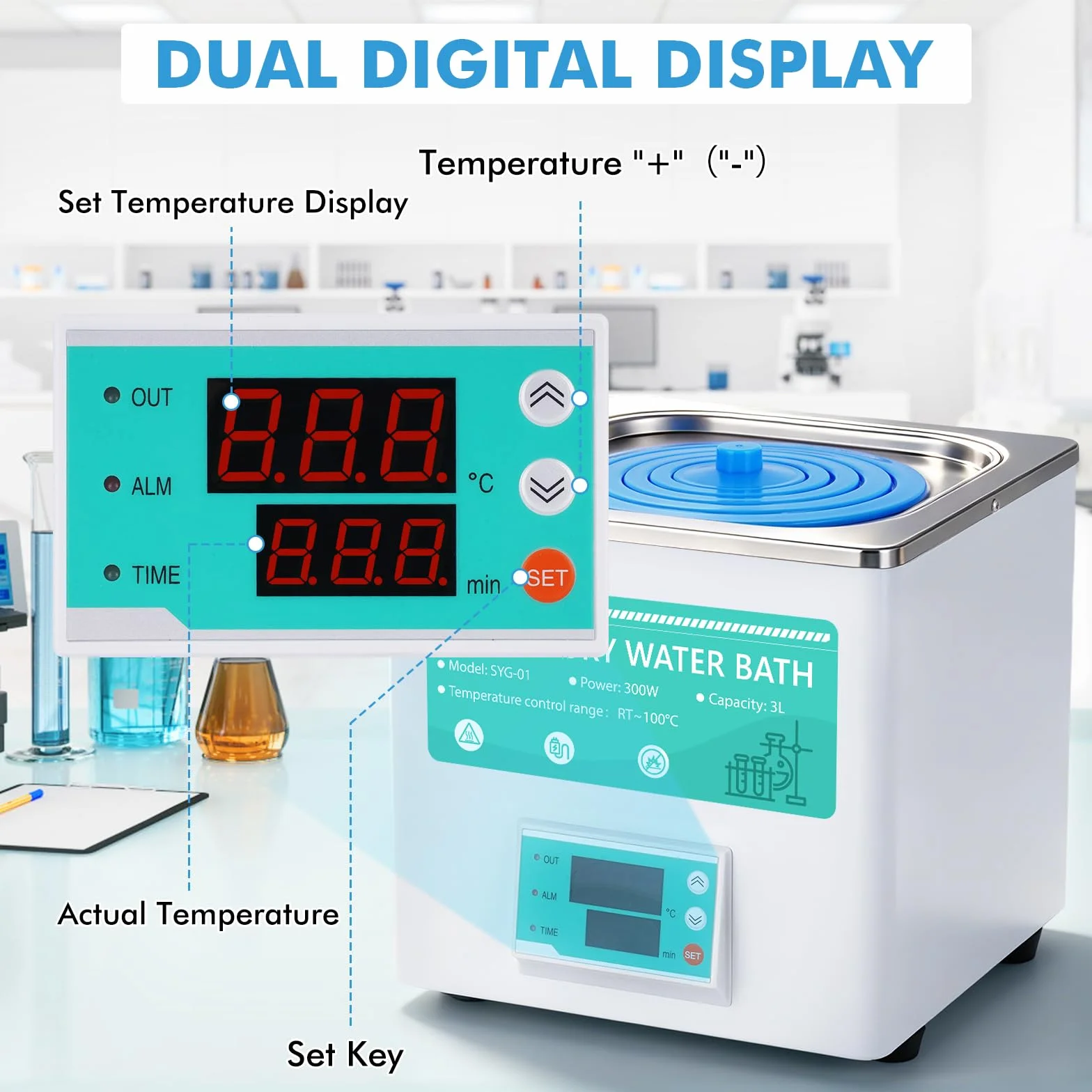 YUCHENGTECH 3L Digitales Labor Wasserbad 300W Thermostatisches Labor Wasserbad 0-999min für Laboranwendungen Lebensmittelerwärmung Chemisch-biologische Experimente