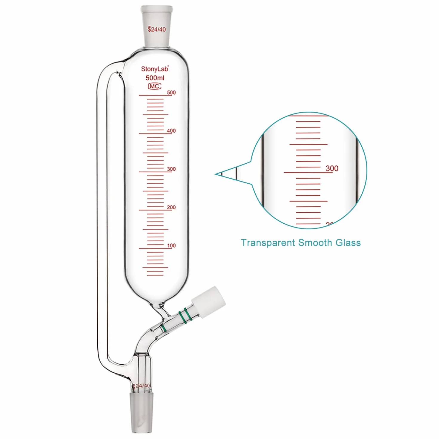 stonylab Graduierter Druckausgleichs Zusatztrichter, Borosilikatglas Tropftrichter mit 24/40 Gelenk und Hochvakuumventil für Laborglas Zusatztrichter, 500 ml