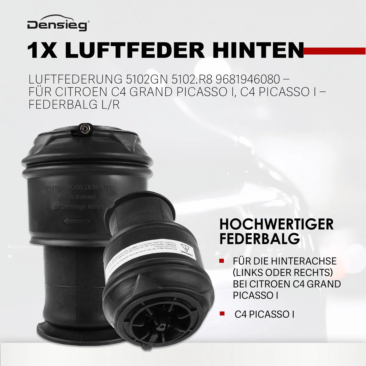 2x Luftfederbälge Hinten Links + Rechts für Citroen C4 Grand Picasso, Ersatz für 5102GN 5102R8, Repariert Durchhängen & stellt Fahrzeughöhe wieder her, Luftfederung Set