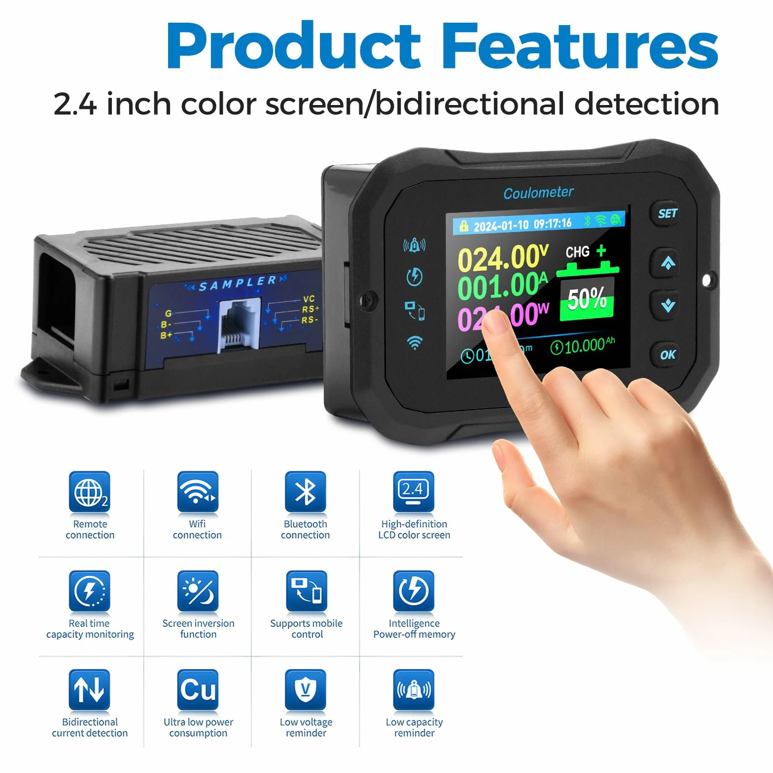 Heemol 100A WIFI Batterie Monitor, 10-100V Kapazitätsmesser LCD Display mit Alarmfunktion für Blei-Säure-Lithium Batterie