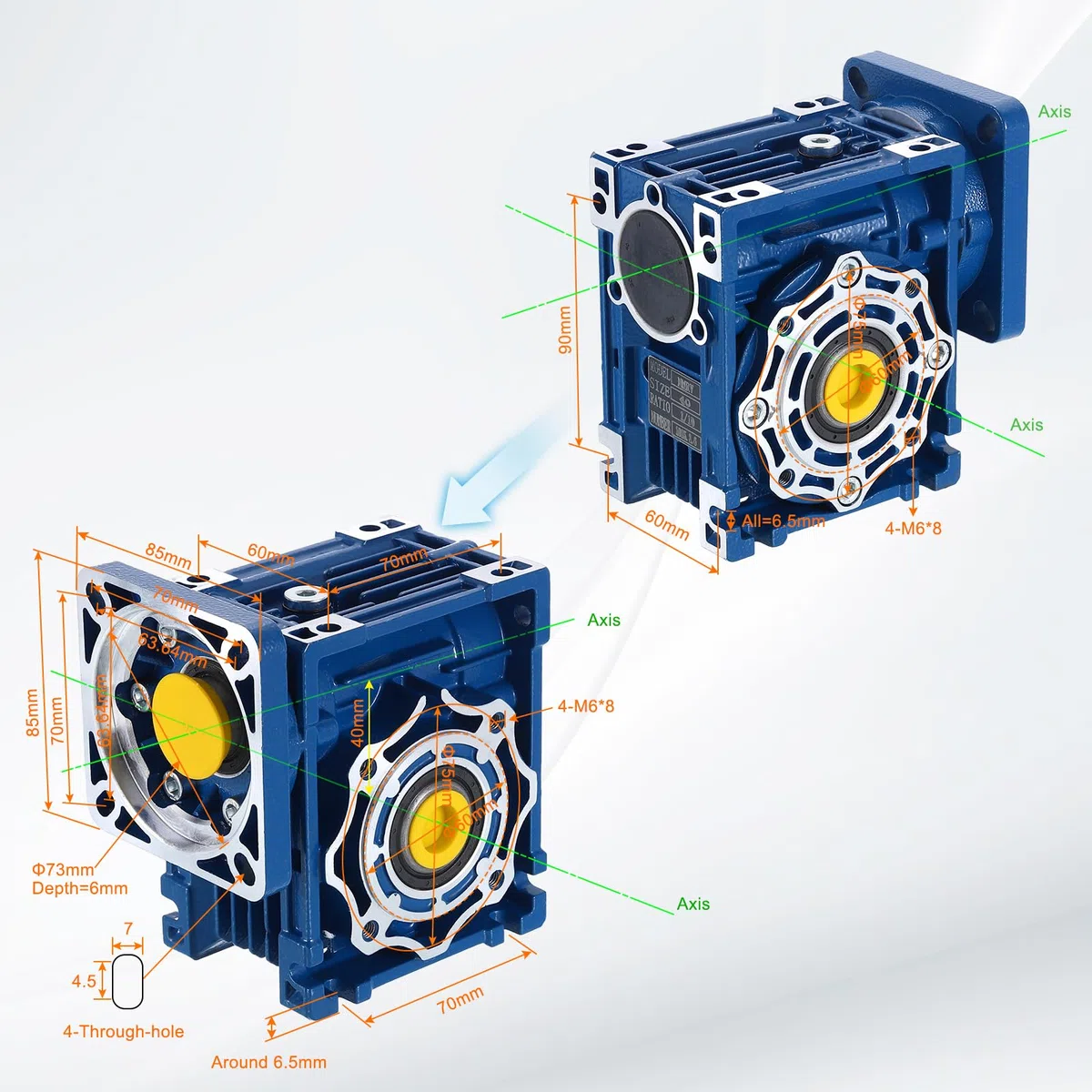 QUARKZMAN NMRV040 Schneckengetriebe Übersetzung 15:1 18mm Ausgangswelle Hochdrehmoment Schneckengetriebe Drehzahlminderer Für Nema34 Servomotor/Nema34 Schrittmotor Blau