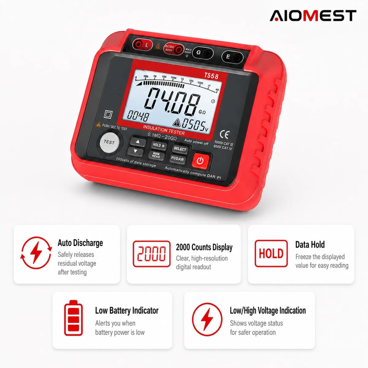 Isolationsmessgerät 1000V, AIOMEST ​​Isolationsprüfer Digital​​ 0,1MΩ-20GΩ Messgerät Isolationswiderstand mit 50V/100V/250V/500V/1000V Prüfspannung | Datenlogger, AC/DC Spannungsmesser(10V~600V)