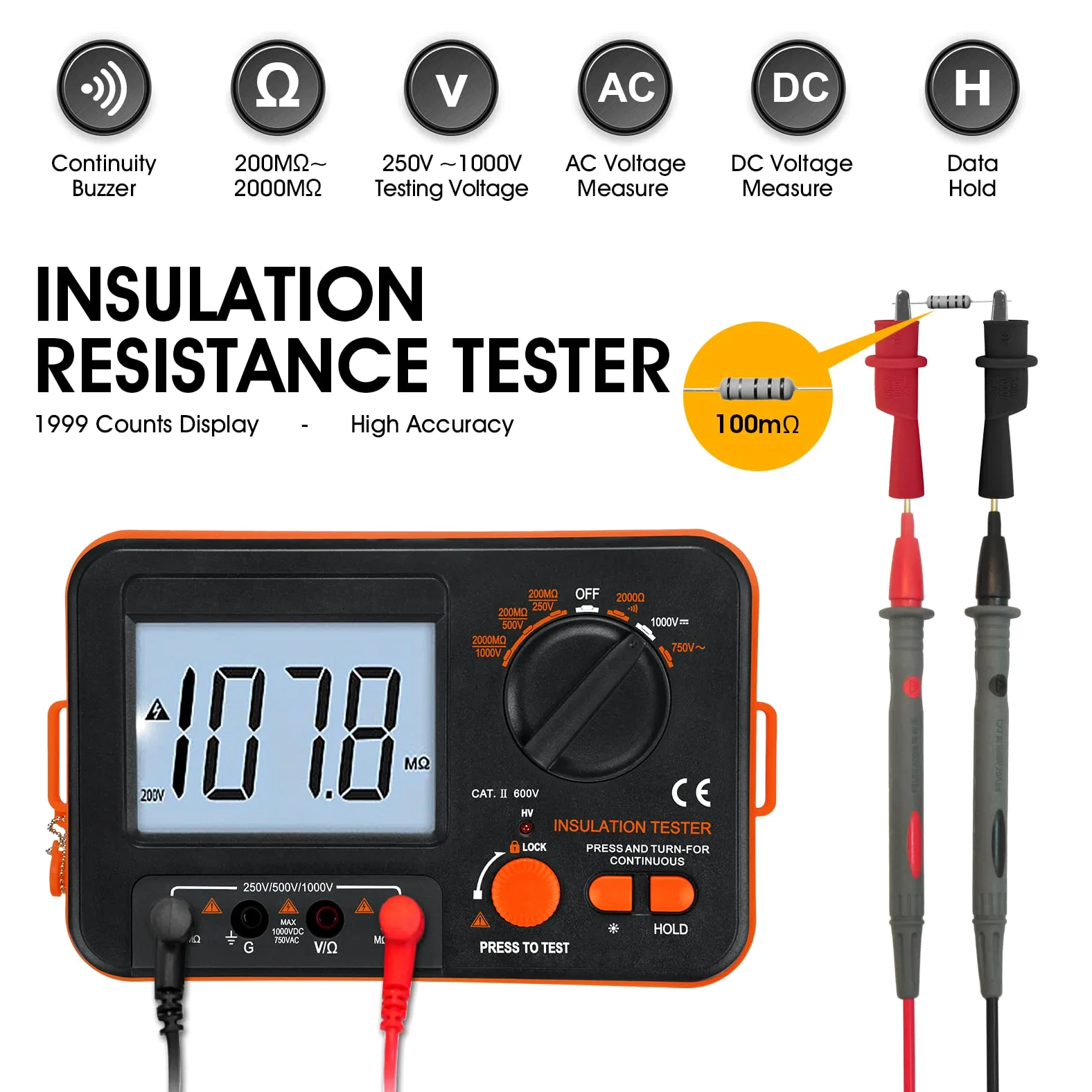 Isolationsmessgerät 250V/500V/1000V Megohmmeter, Kethvoz Isolationsprüfer mit AC/DC Spannungsmessung, Widerstand 2kΩ, Durchgangsprüfung <50Ω, Inkl. Messkabel & Krokodilklemmen