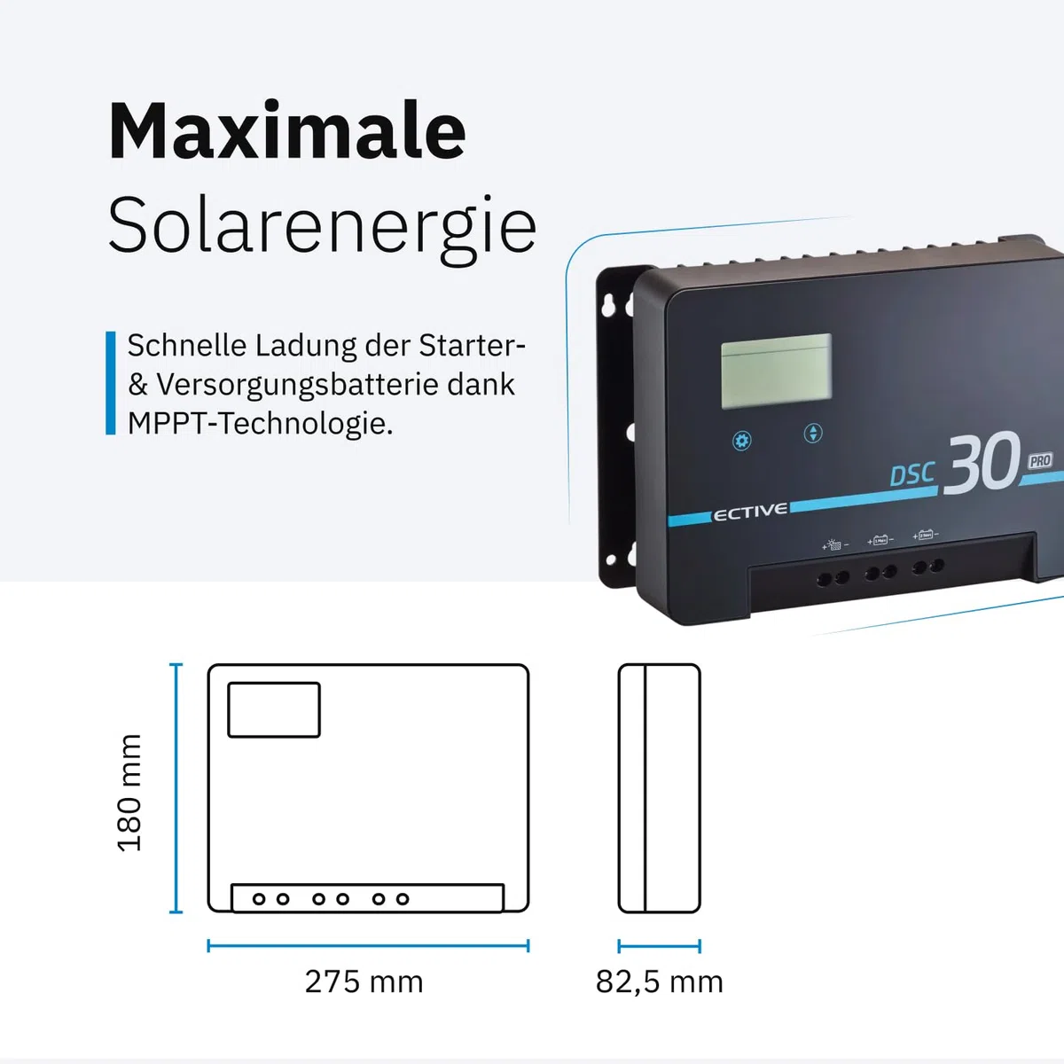 ECTIVE DSC 30 PRO 30A 150V MPPT Dual Solar-Laderegler mit Bluetooth – für 12/24/36/48V Starter- & Versorgungsbatterien (Nass, AGM, Gel, Lithium)